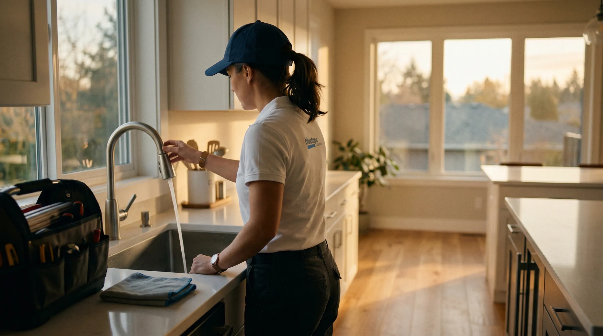 Technician in a blue cap and white shirt turning on a kitchen sink faucet with water running in a modern kitchen.