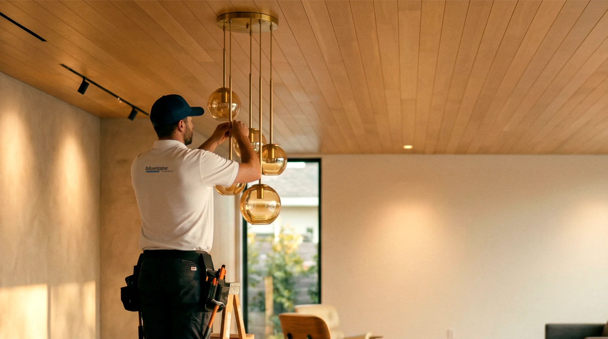 Electrician in a white shirt and black cap installing a modern hanging light fixture in a room with wooden ceiling.