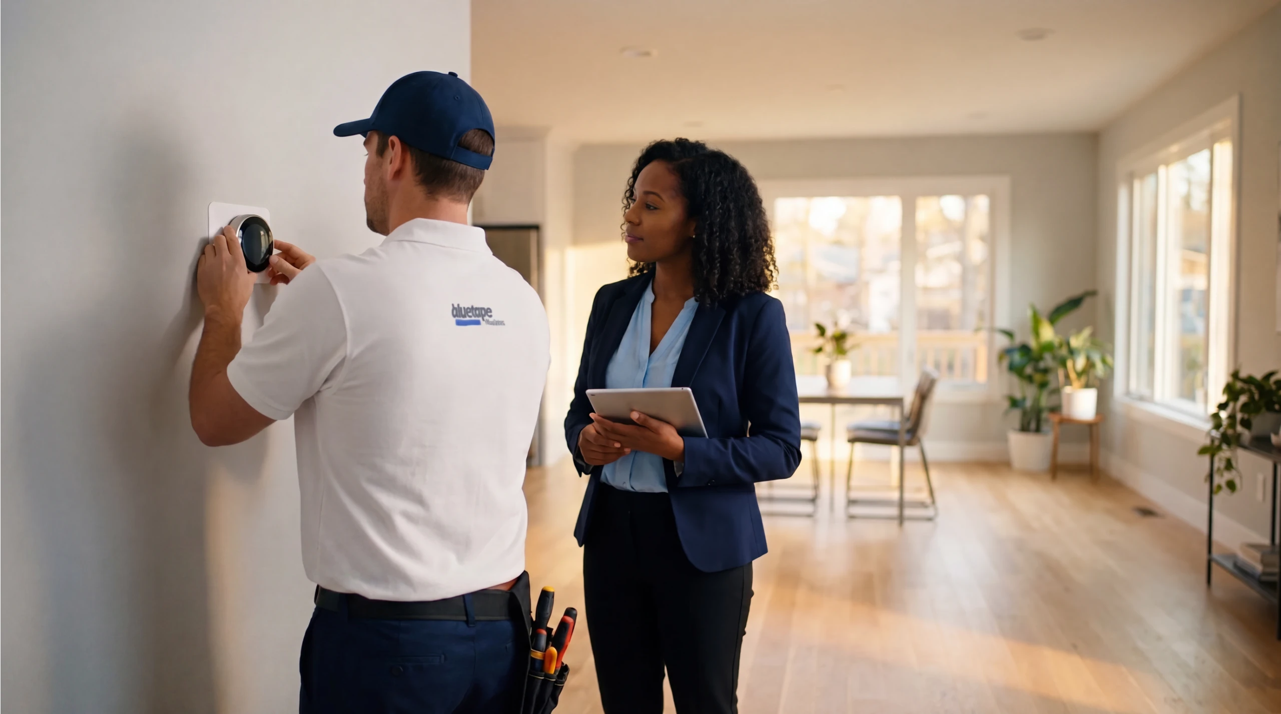Technician installing a wall thermostat while a woman holds a tablet and observes inside a bright, modern home.