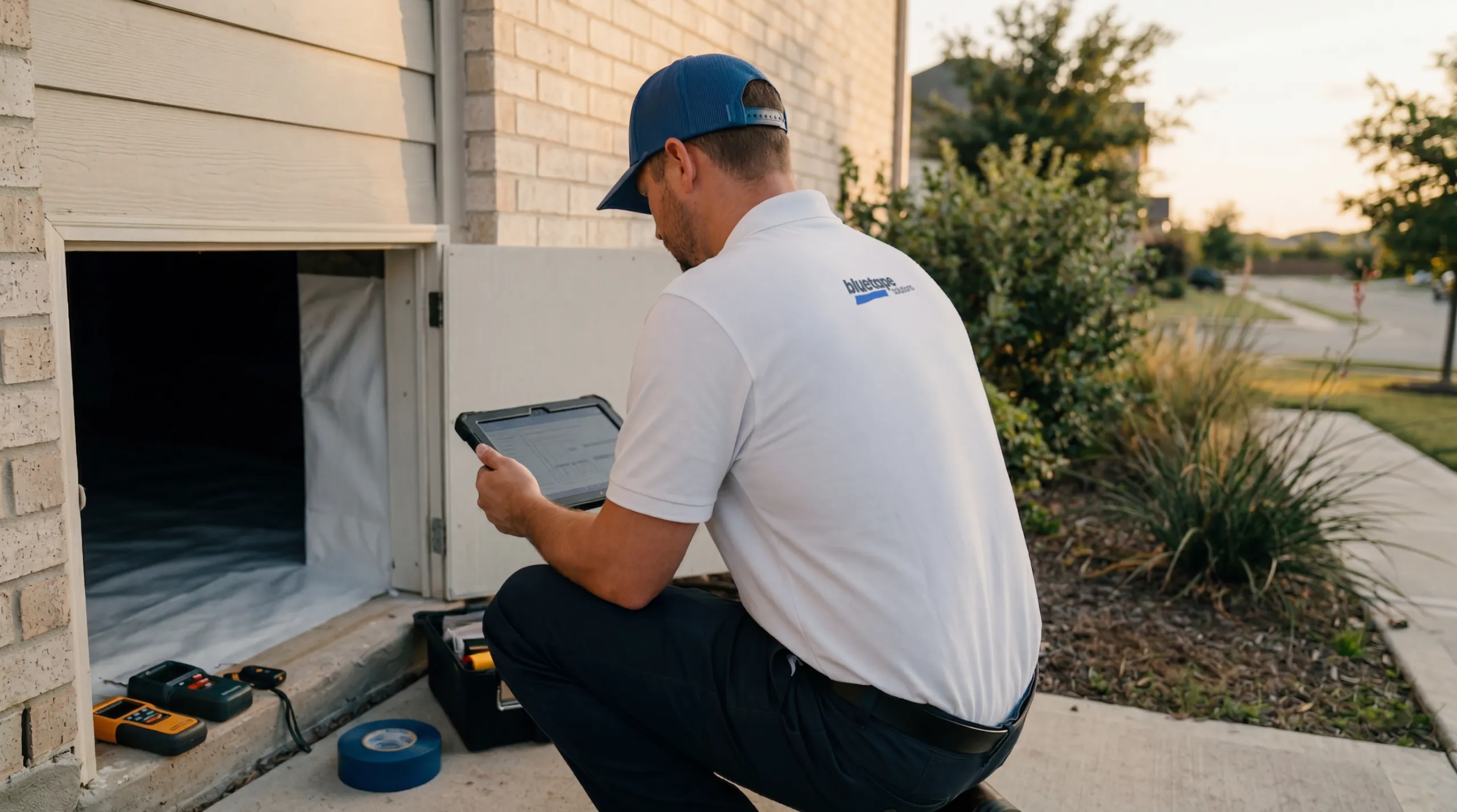 Technician in a blue cap and white polo with Bluestone logo kneeling outside a crawl space entrance, holding a tablet with tools nearby.