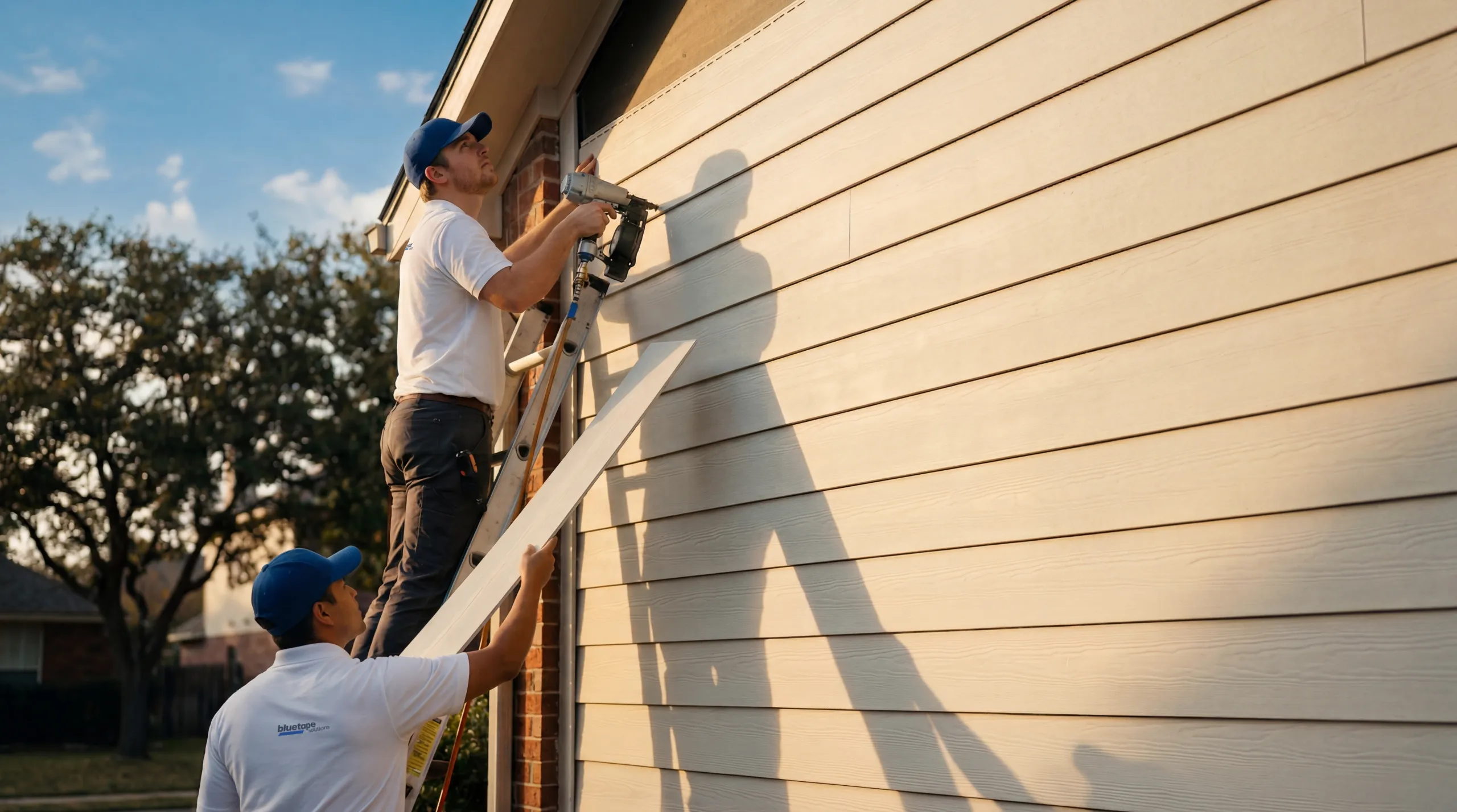 Two workers in blue caps installing beige siding on a house exterior, one using a nail gun on a ladder and the other holding a siding panel.