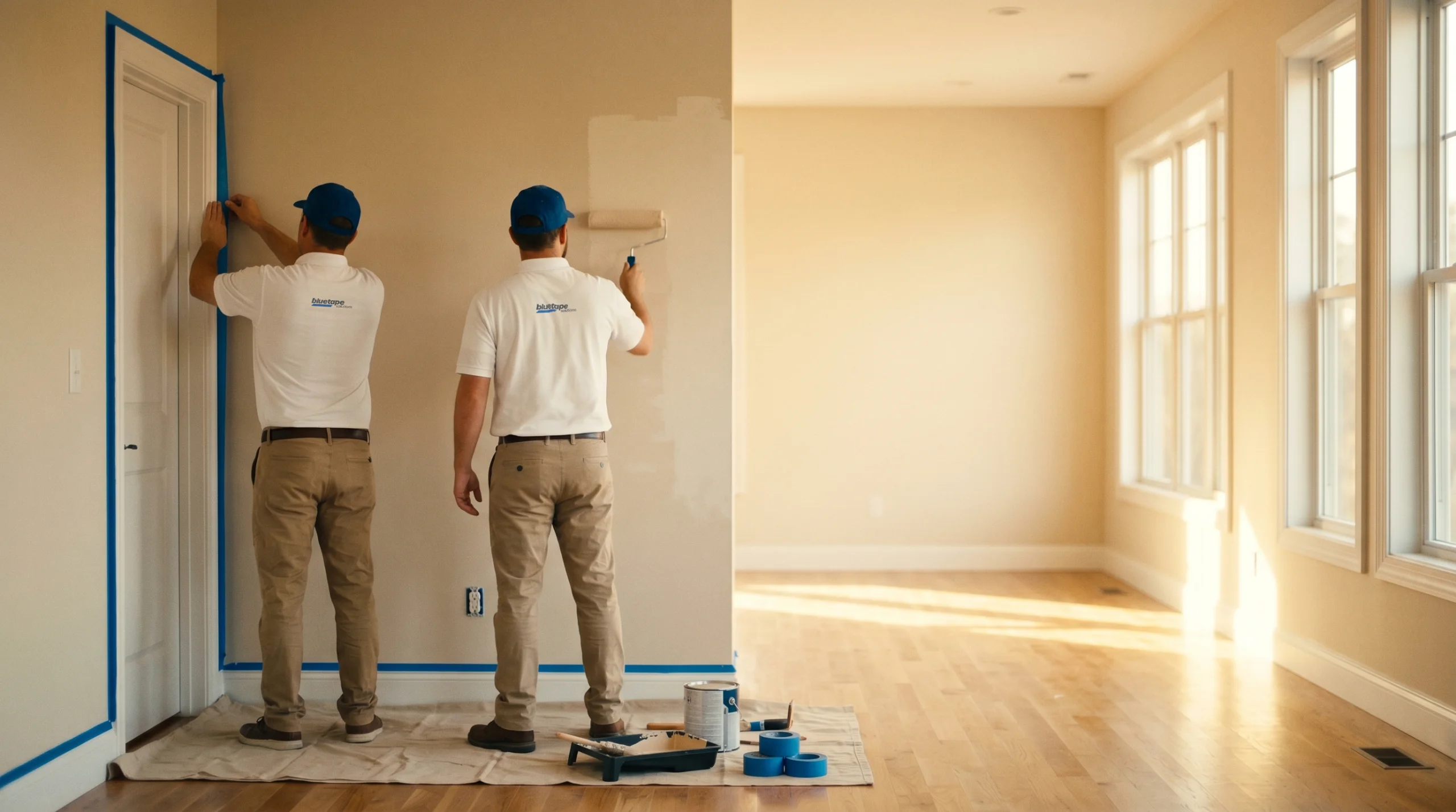 Two painters wearing blue caps and white shirts applying blue painter’s tape around a door and painting a wall with a roller in a bright room with hardwood floors.
