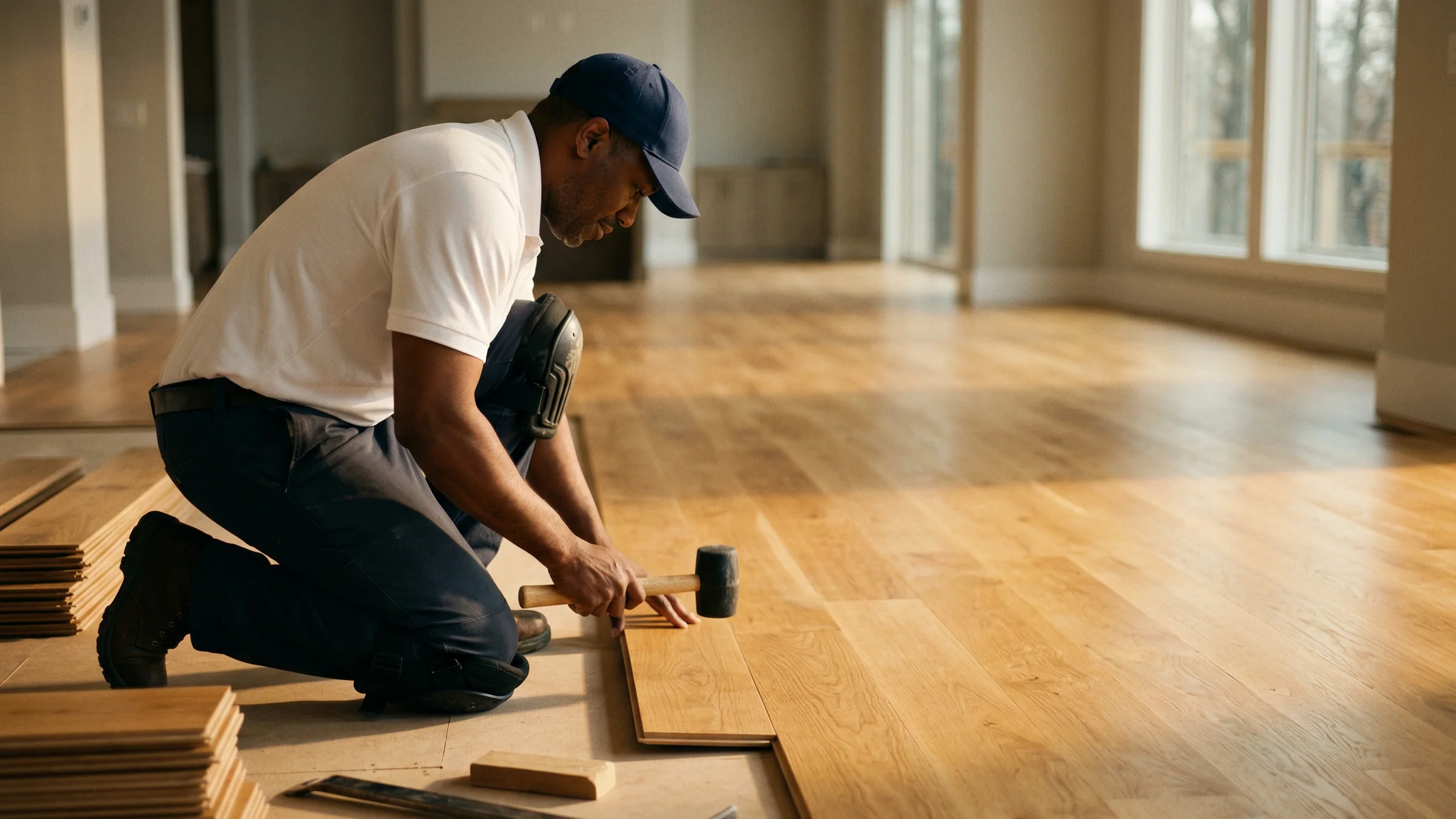 A man wearing a baseball cap and knee pads is installing wooden flooring using a rubber mallet in a sunlit room with large windows.