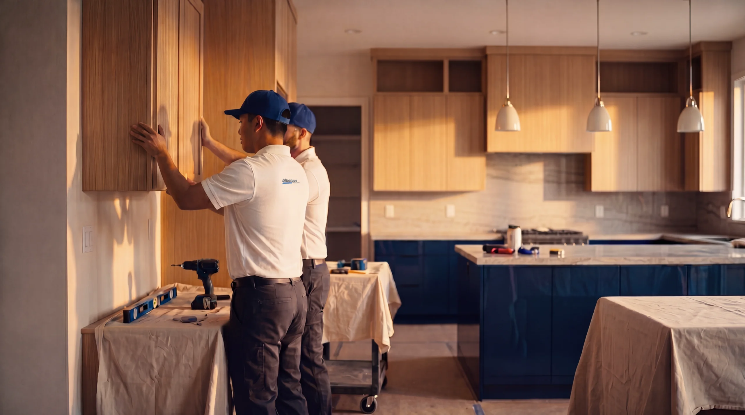 Two workers in uniforms installing wooden cabinets in a modern kitchen with blue lower cabinets and marble countertops.