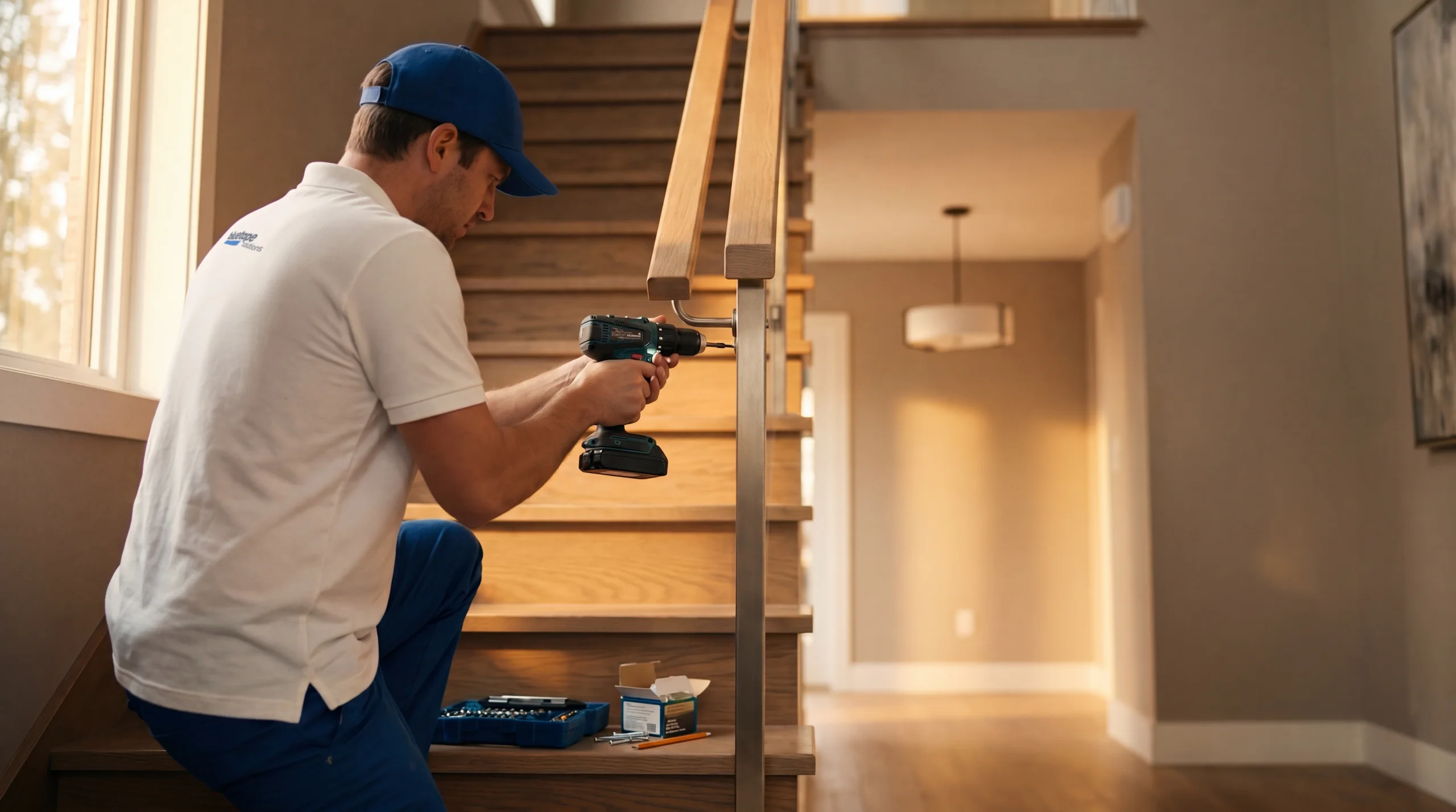 Handyman in white shirt and blue cap using a cordless drill to install a wooden staircase railing indoors.