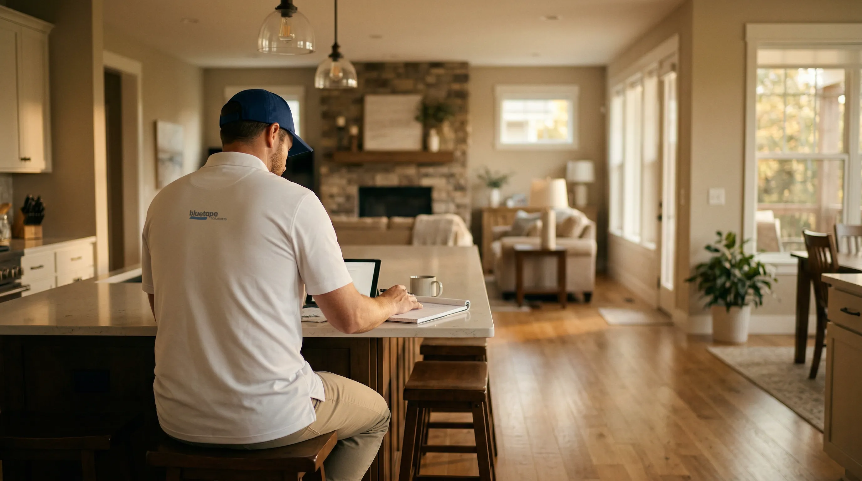 Man in white polo and blue cap working on a laptop at a kitchen island in a cozy, well-lit living space.
