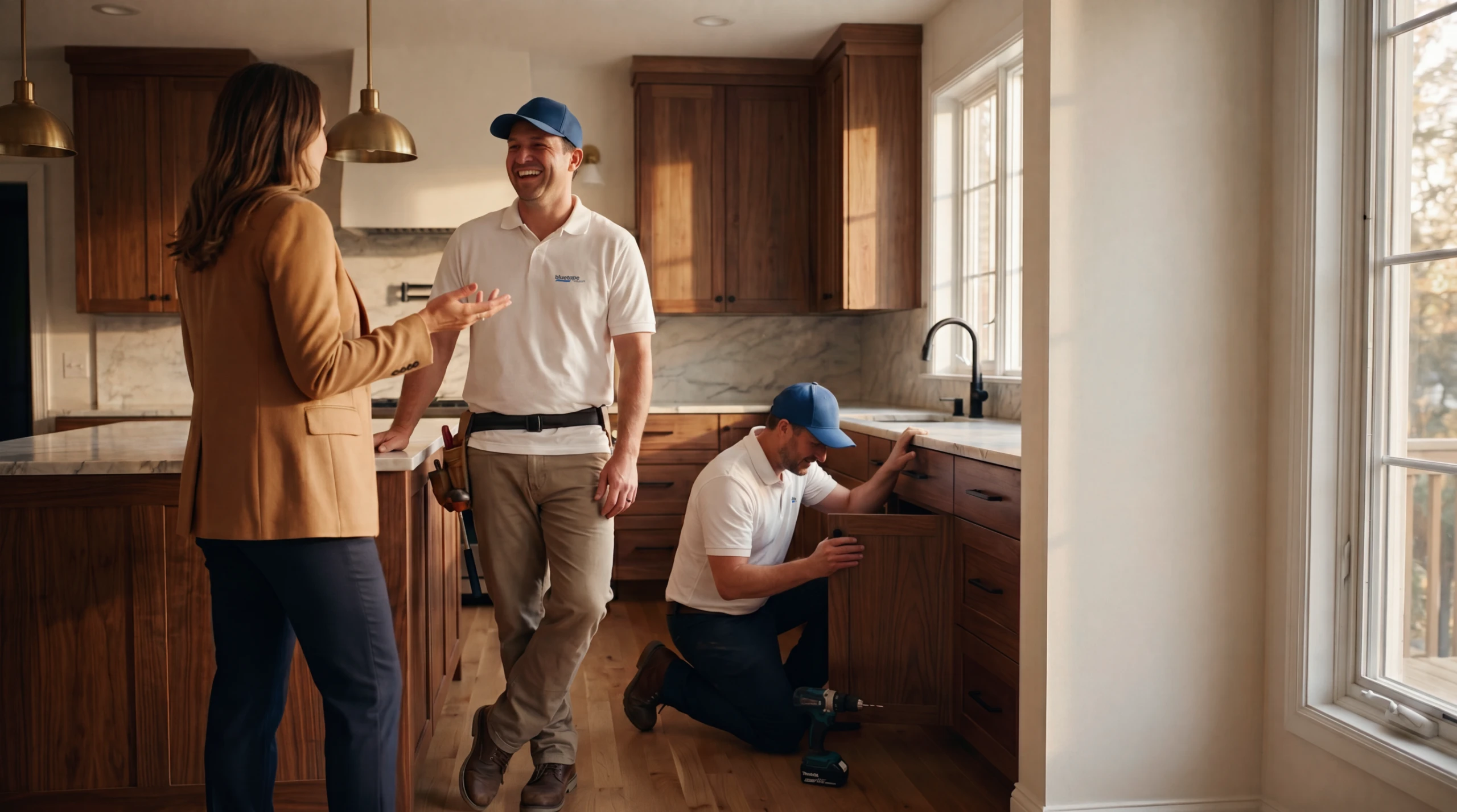 Two workers in uniforms assist woman in a kitchen with wooden cabinets and natural light.