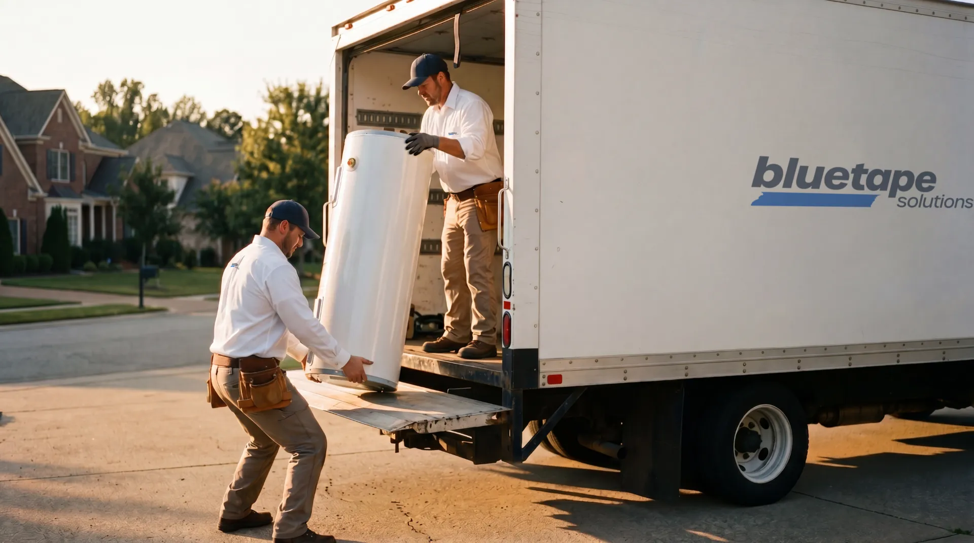 Two workers unload a water heater from a Bluetape Solutions truck in a residential neighborhood.