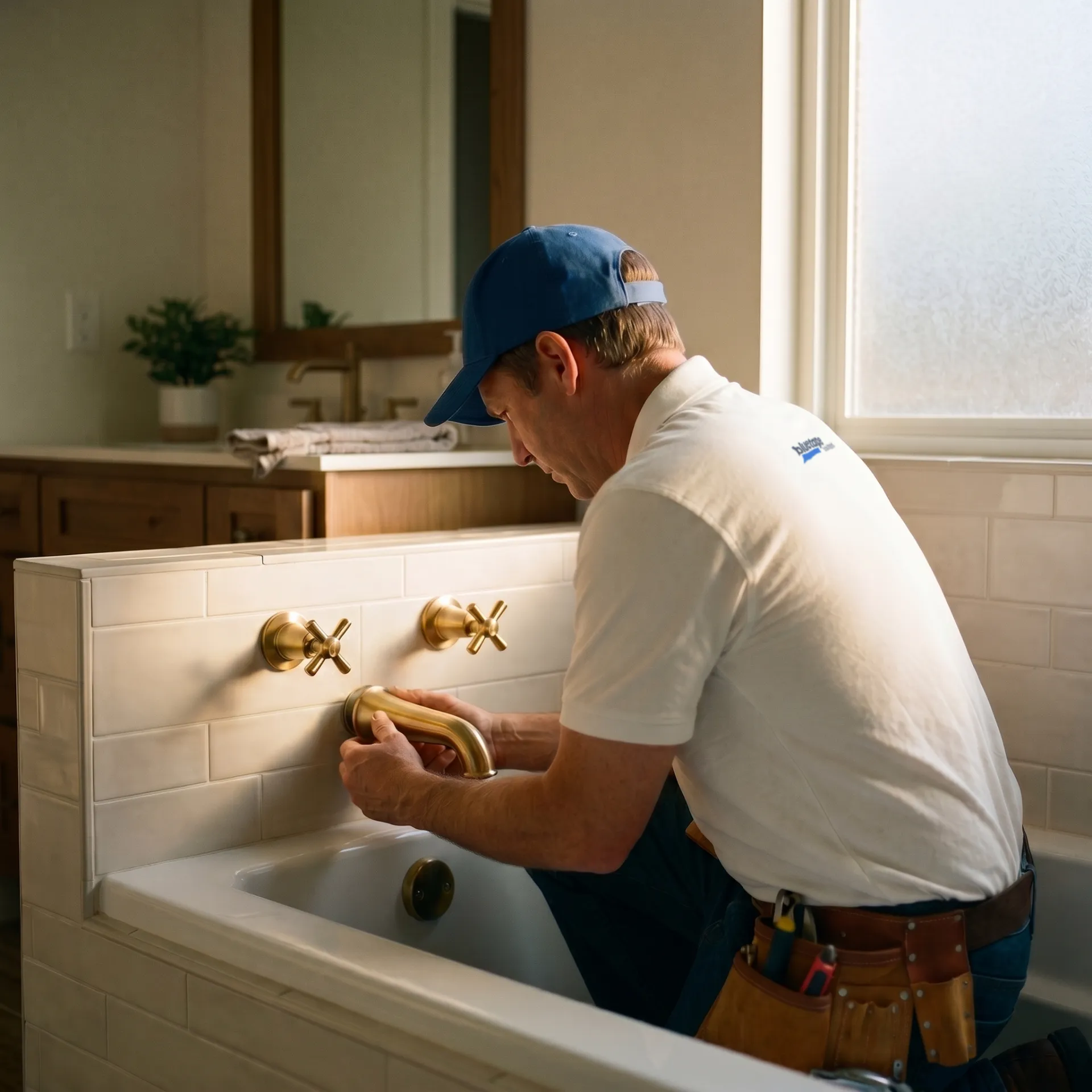 Plumber wearing a blue cap installs a gold faucet on a white tiled bathtub in a bathroom.