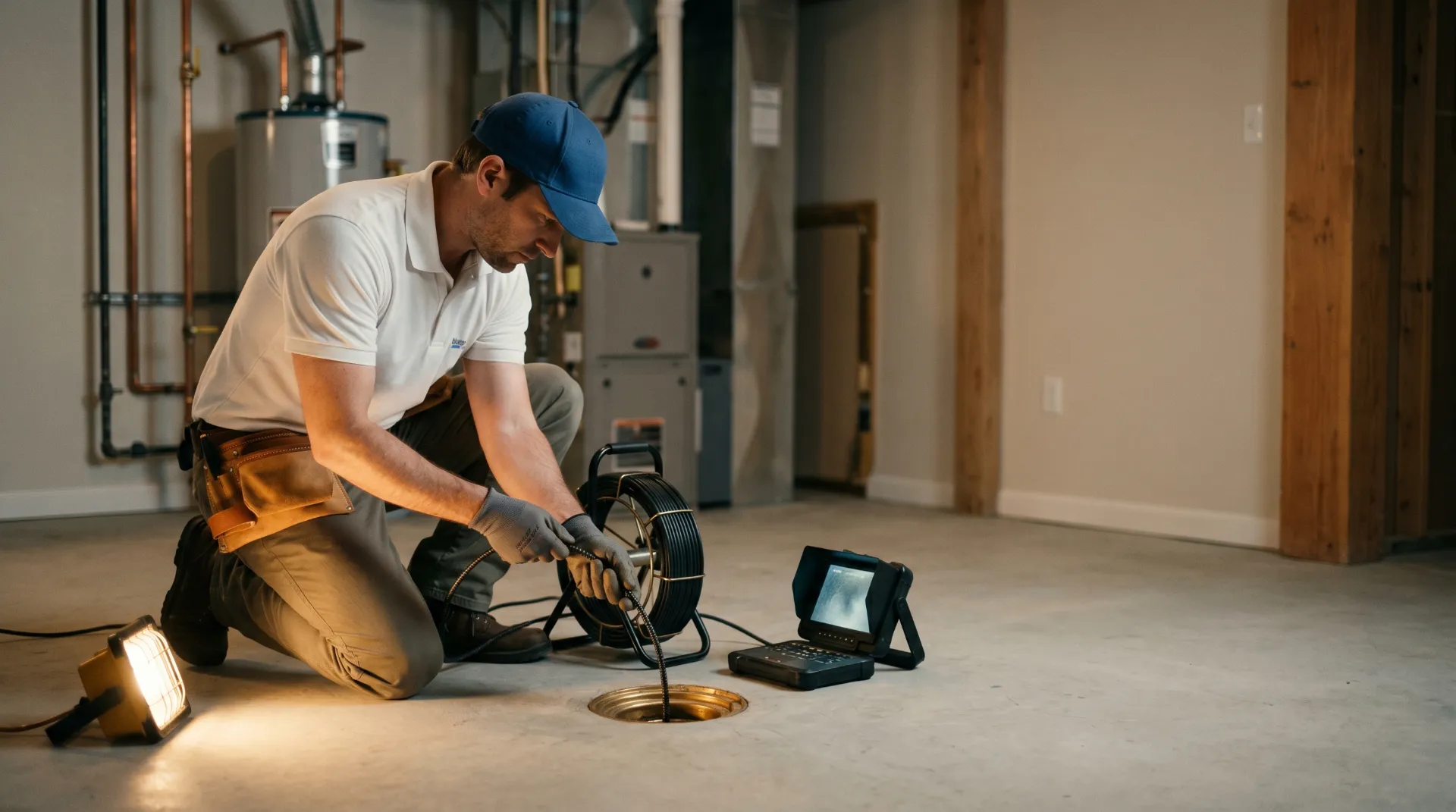 Plumber using a camera inspection system to examine pipes in an empty basement.