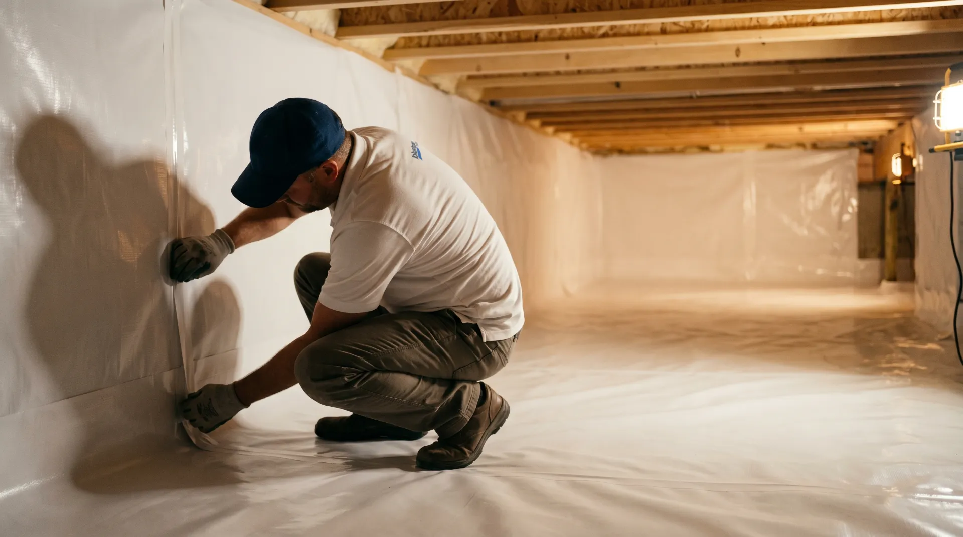 Worker wearing a cap and gloves installing a white vapor barrier in a crawl space.