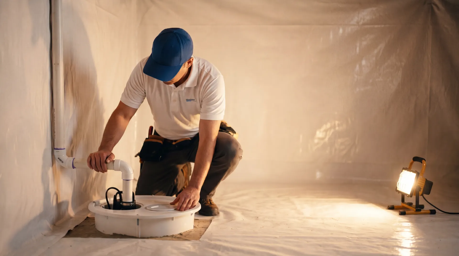 Worker in blue cap installing or inspecting a sump pump system in a clean, plastic-lined crawl space.