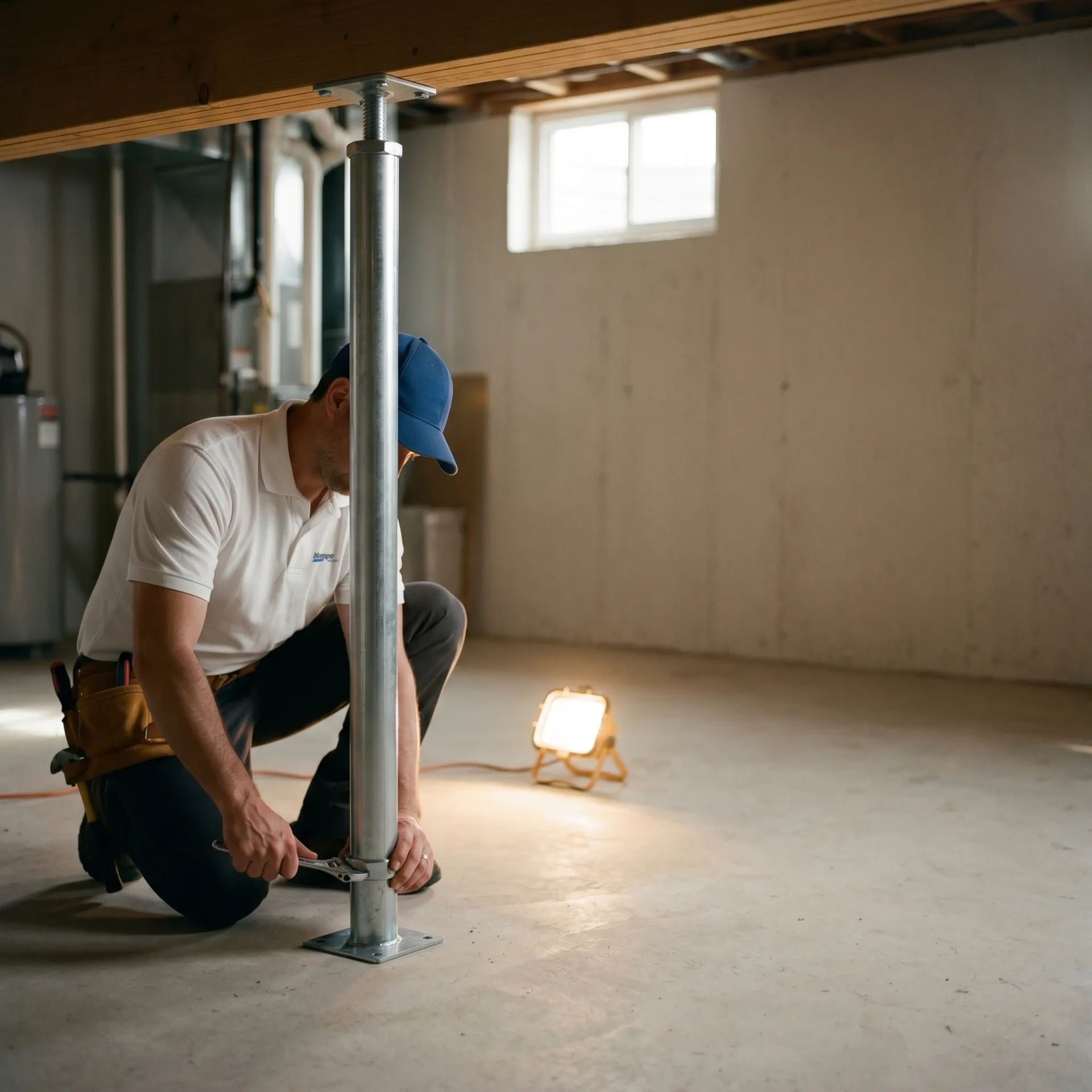 Worker with tool adjusting metal support post in basement crawl space near a light on the floor.