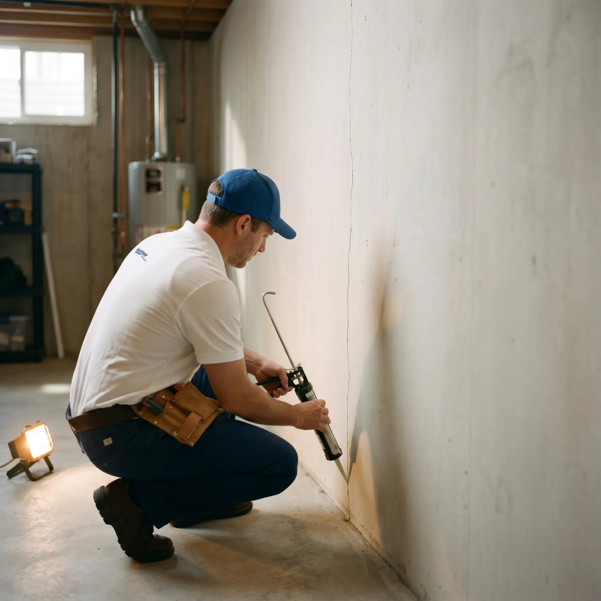 Man in uniform applying sealant to a crack in a basement concrete wall.