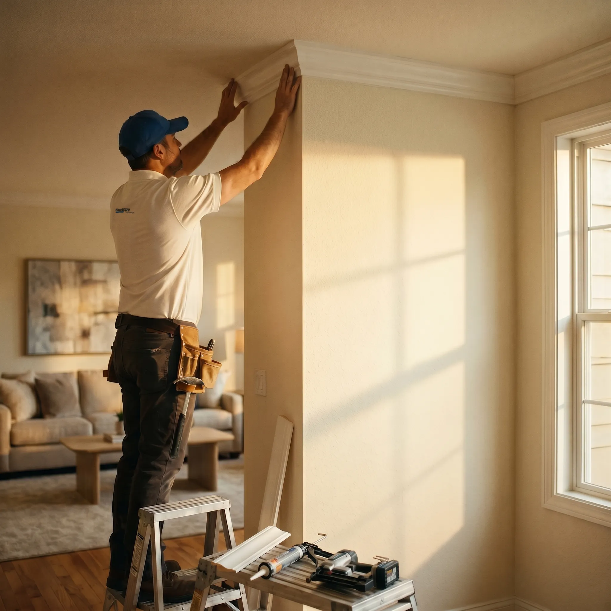 Worker on ladder installing white crown molding in a sunlit living room corner.