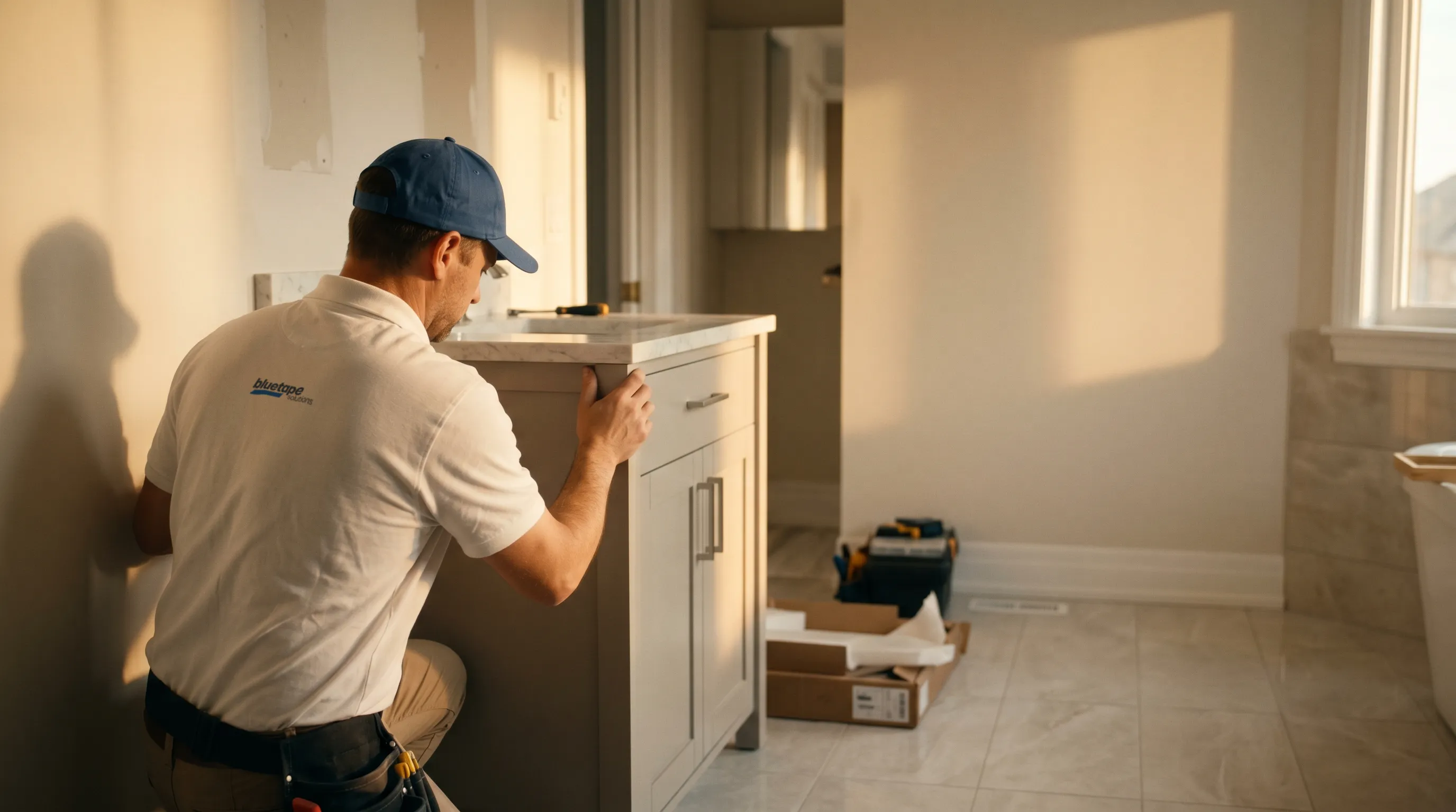 Worker in white shirt and blue cap installing or inspecting a bathroom cabinet under warm light.