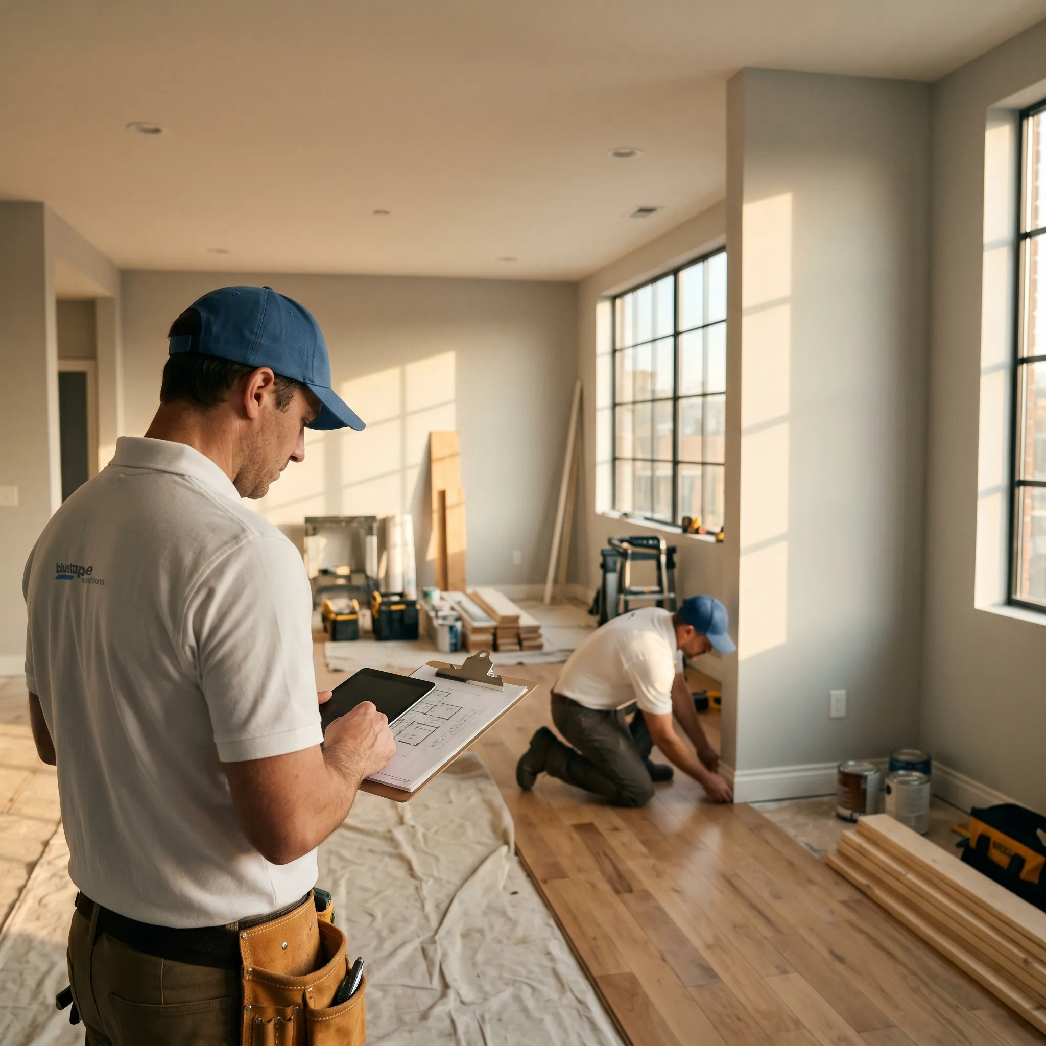 Two workers in blue hats installing wood flooring and reviewing plans inside a sunlit room.