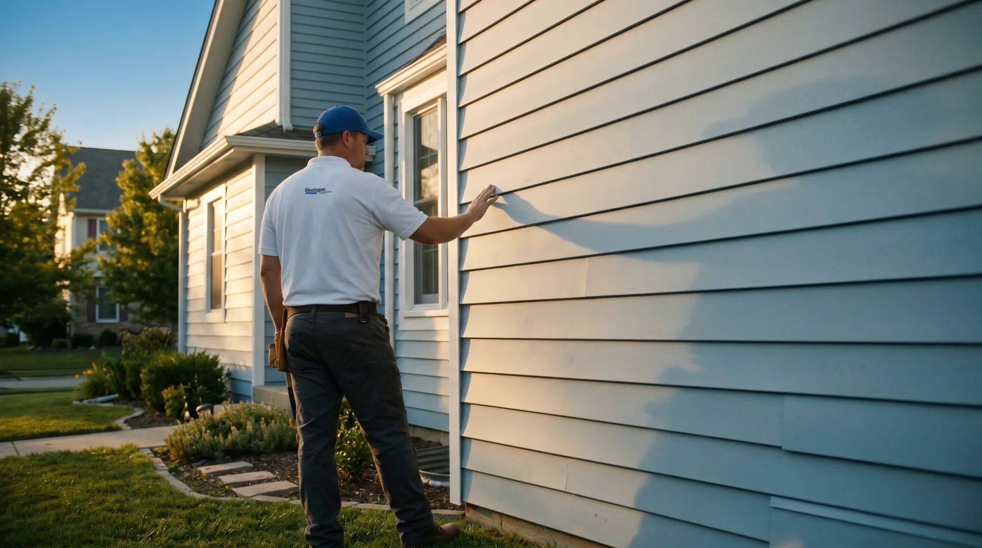 Man in uniform inspecting blue horizontal siding on a house exterior at sunset.