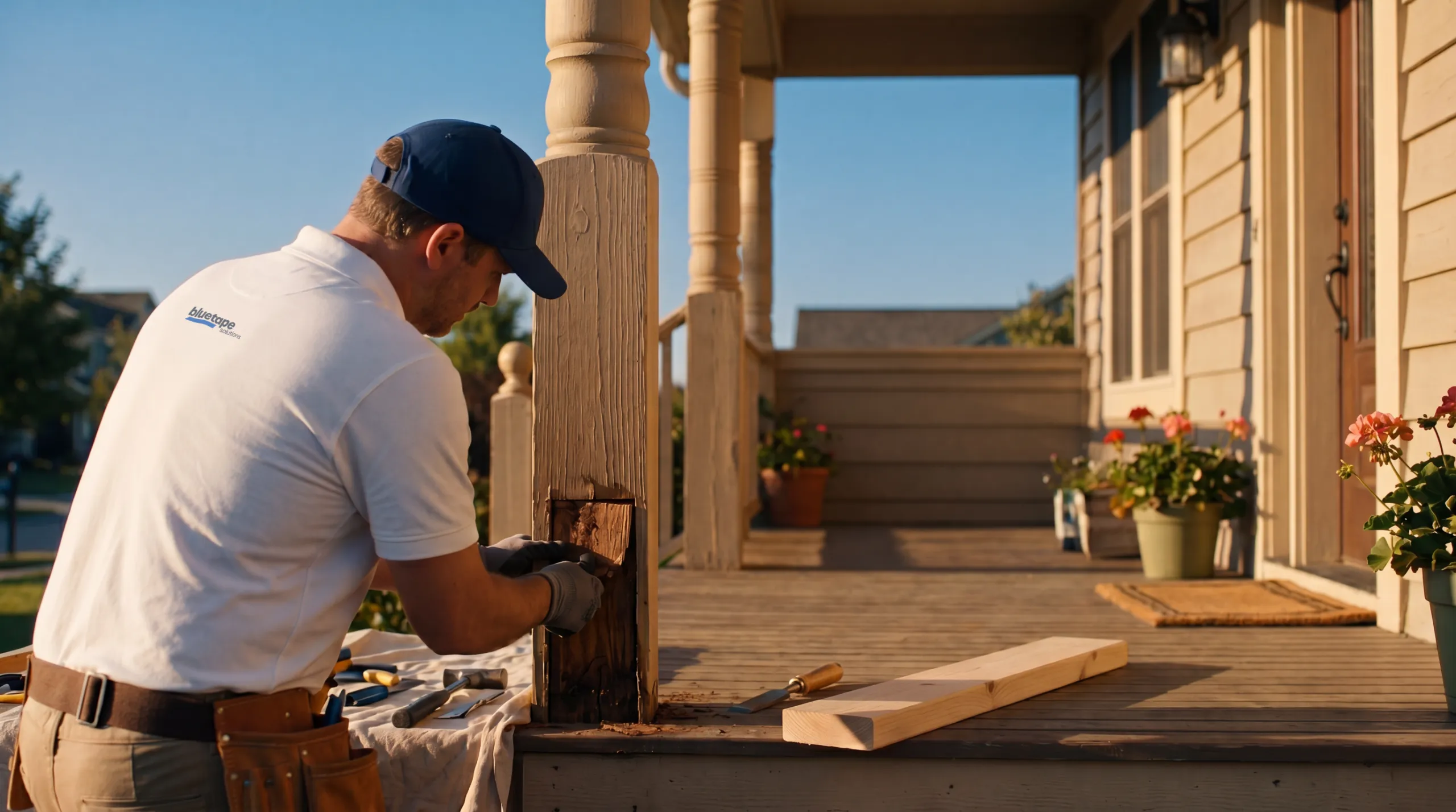 Worker repairing wooden porch column with tools and spare wood in the sunlight.