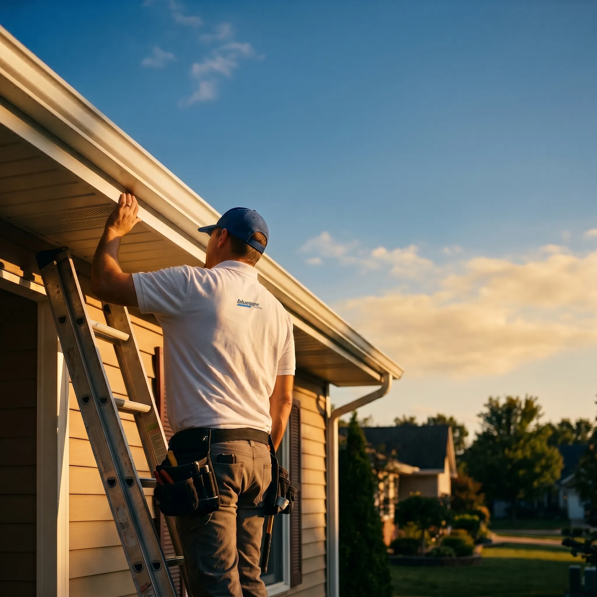 Worker on ladder installing or inspecting house siding during sunset in a suburban neighborhood.