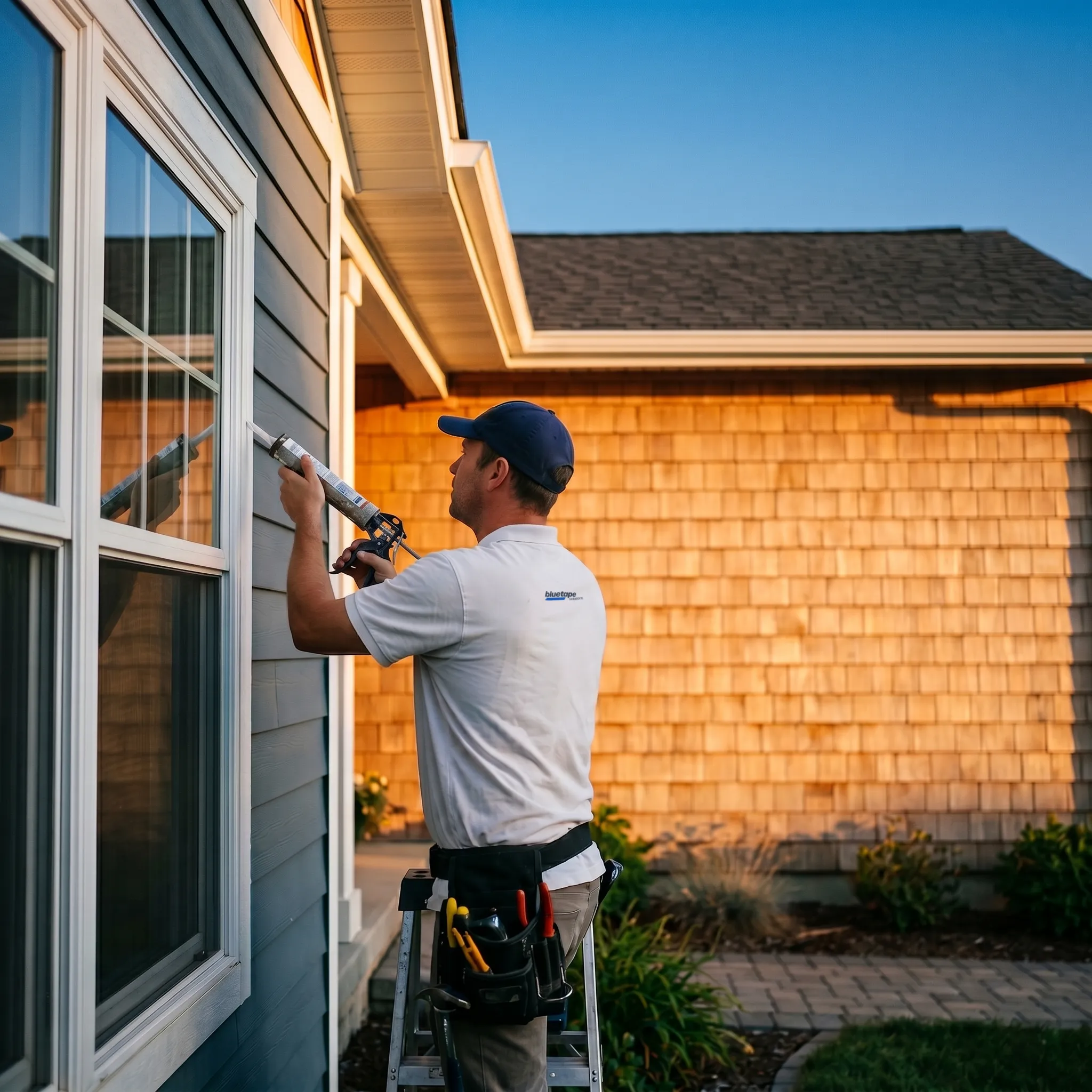 Worker on a ladder applying caulk to the exterior window frame of a grey house in sunset light.