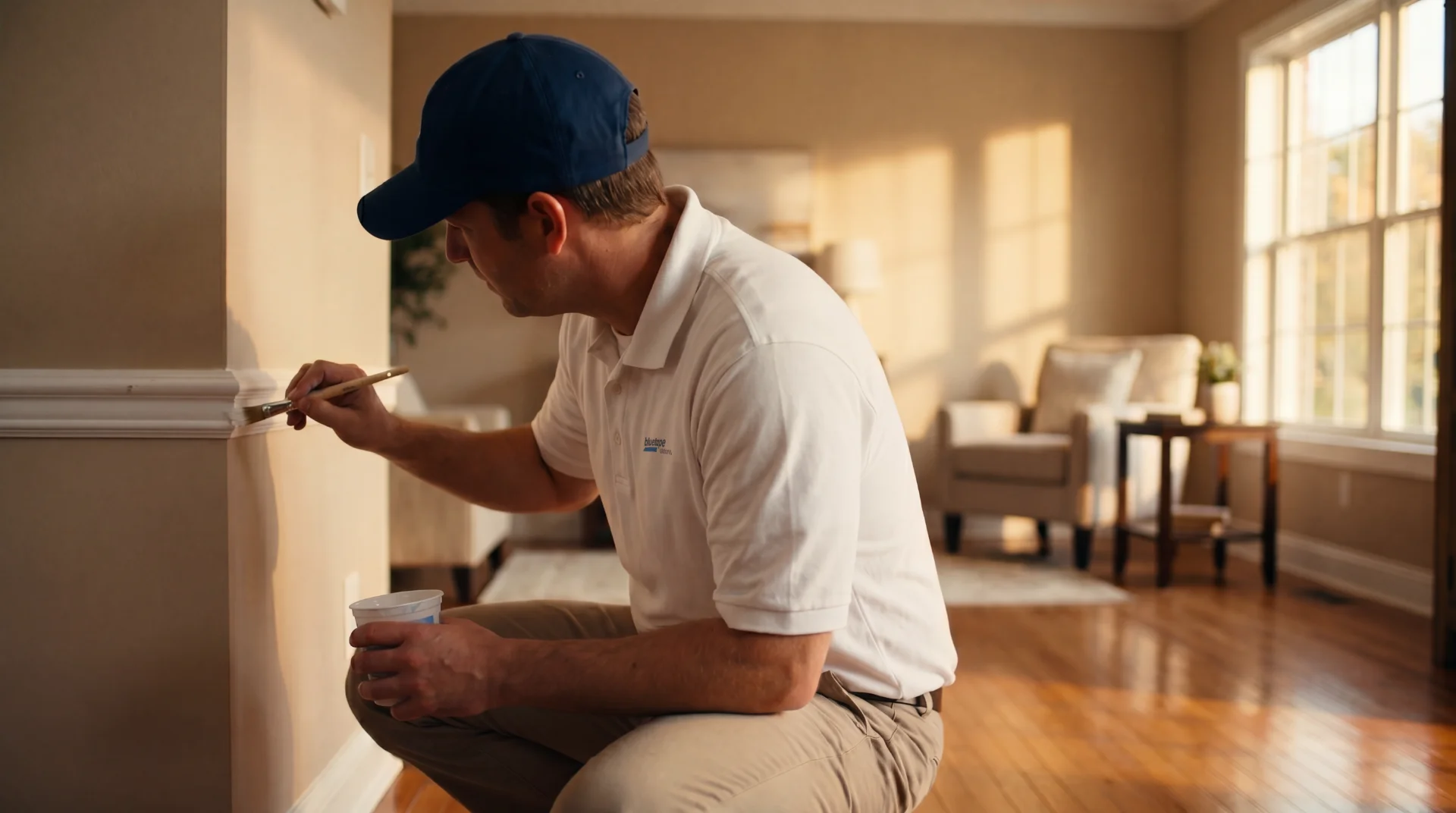 Man in white shirt and blue cap painting trim on beige wall in sunlit living room.
