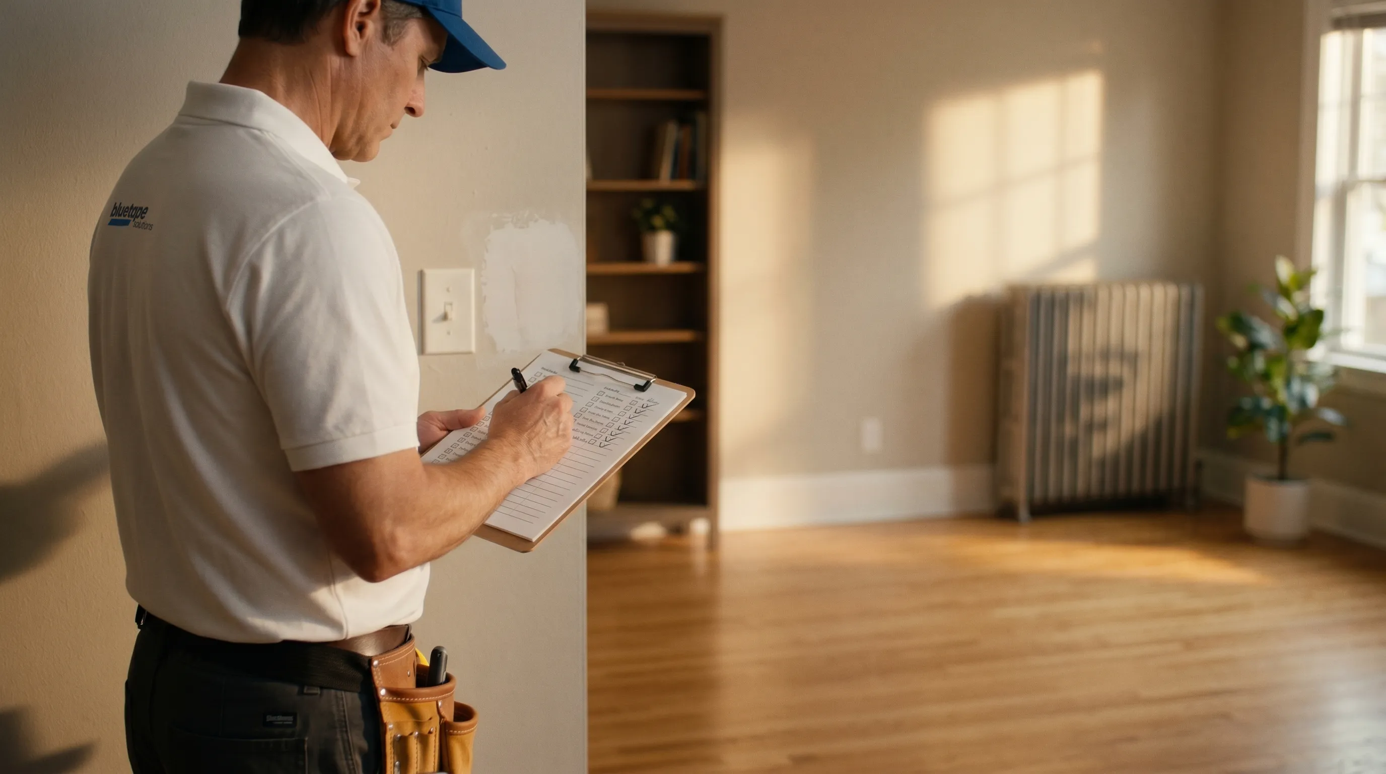 Handyman in a white polo and blue cap checks off items on a clipboard in an empty room.