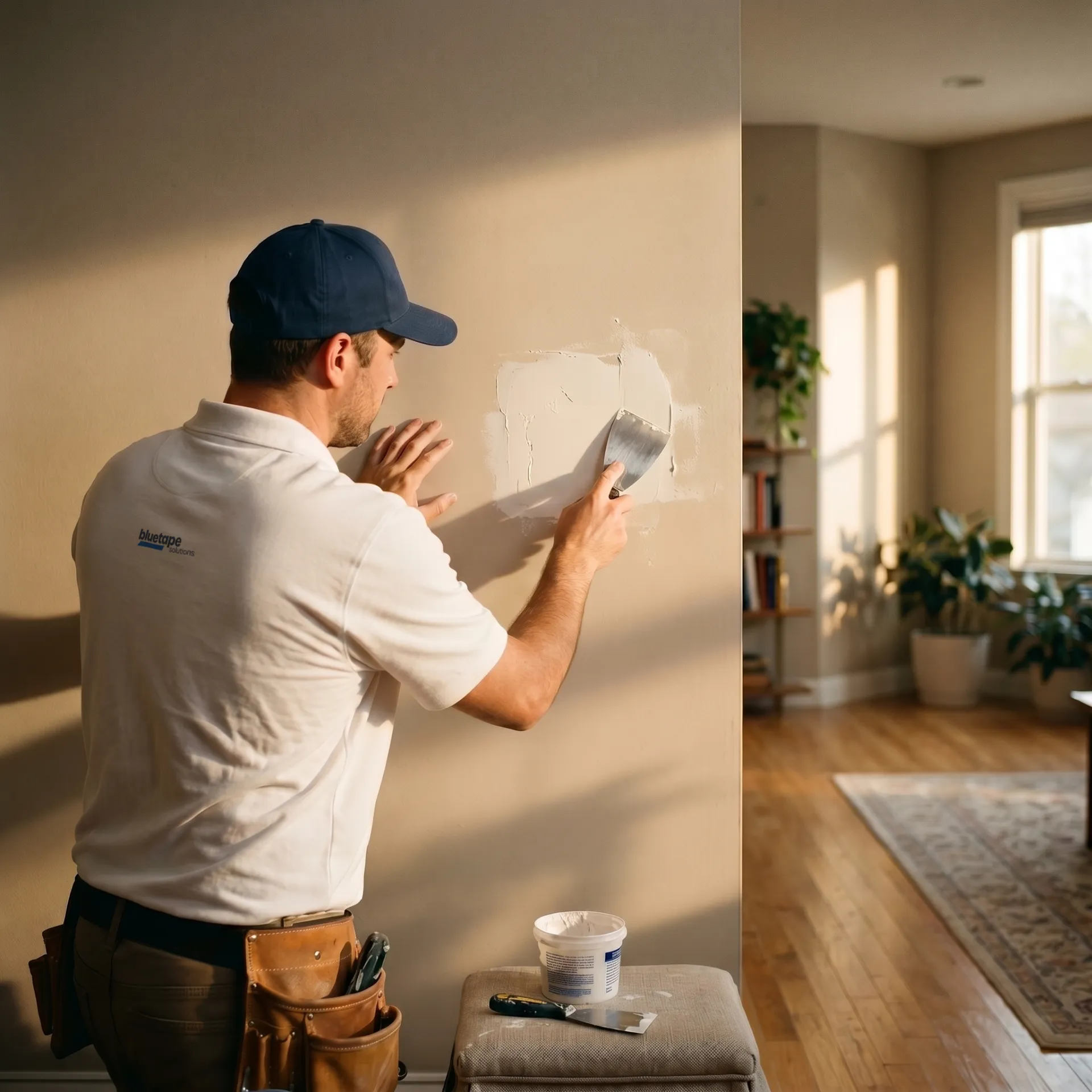 Man in white shirt and cap patching a beige wall with putty in a sunlit room.