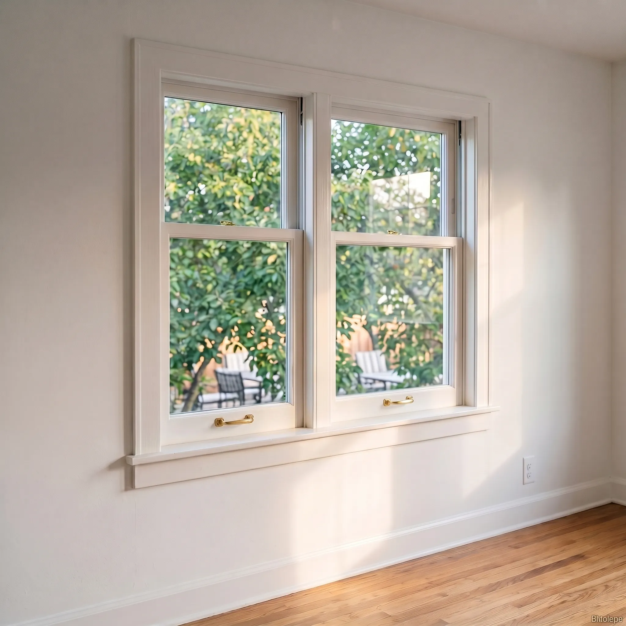 White double window with brass handles overlooking outdoor patio and greenery, in a room with wood floor.