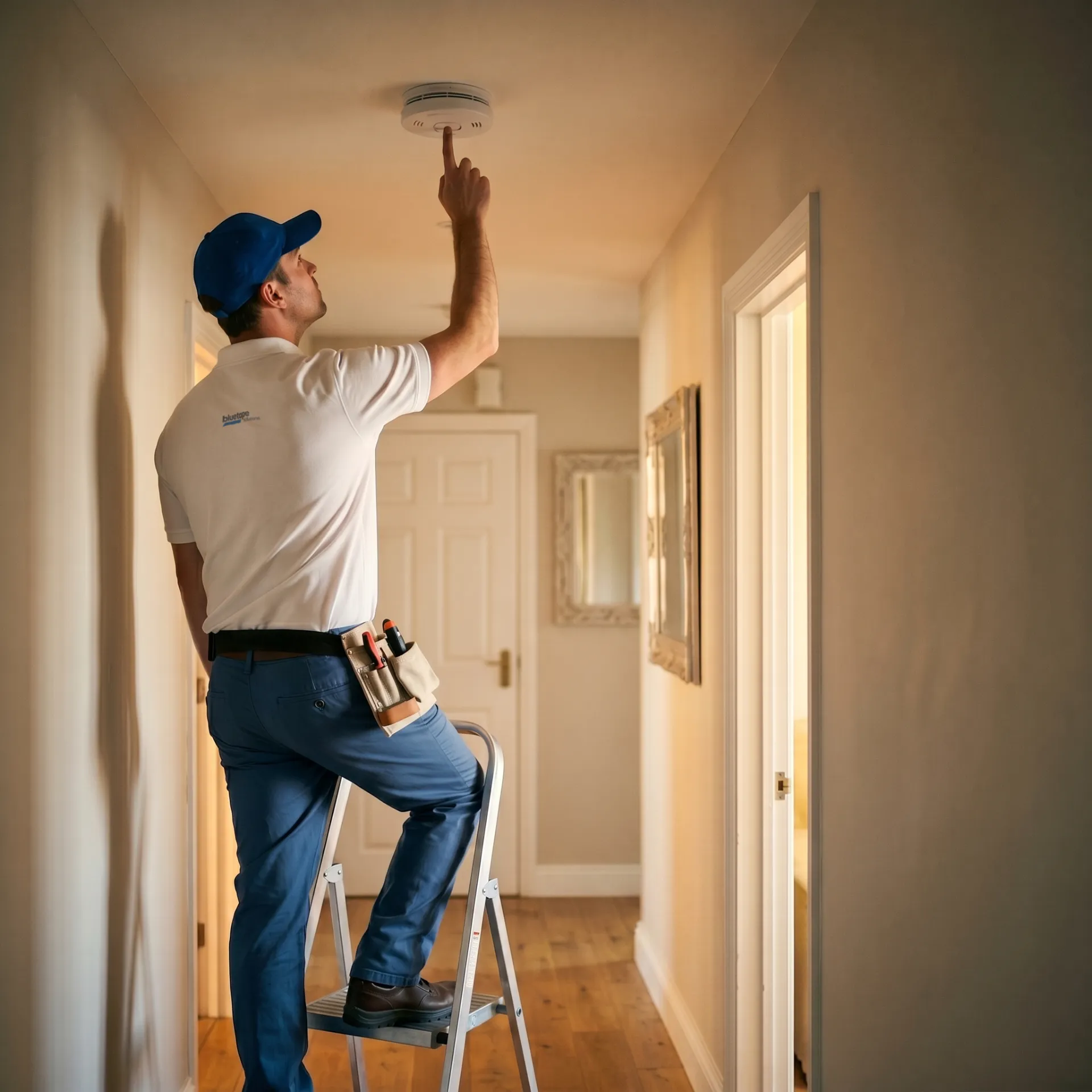 Technician on ladder pressing button on ceiling smoke detector in a home hallway.
