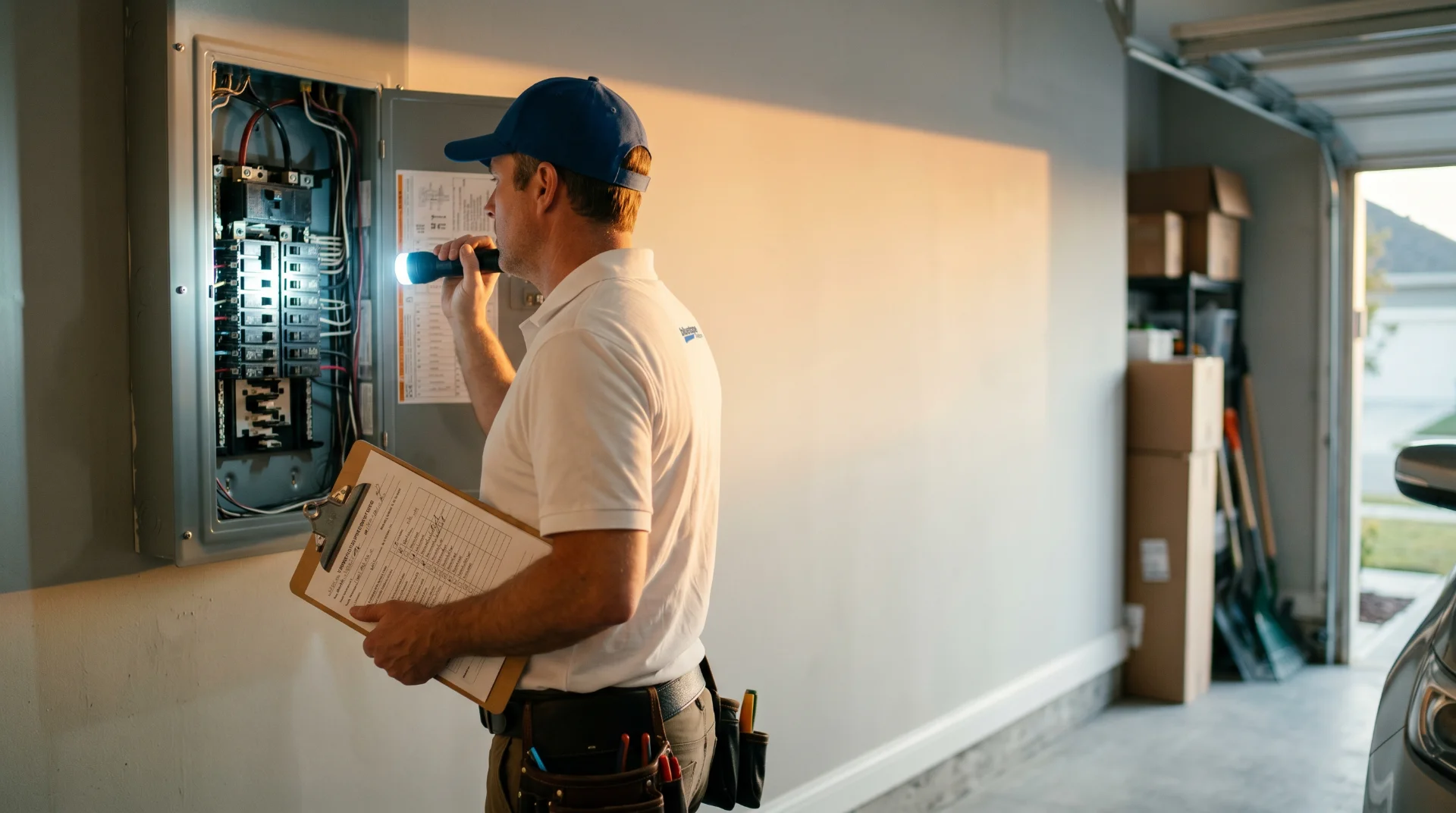 Electrician shining flashlight on circuit breaker panel while holding clipboard in a garage.