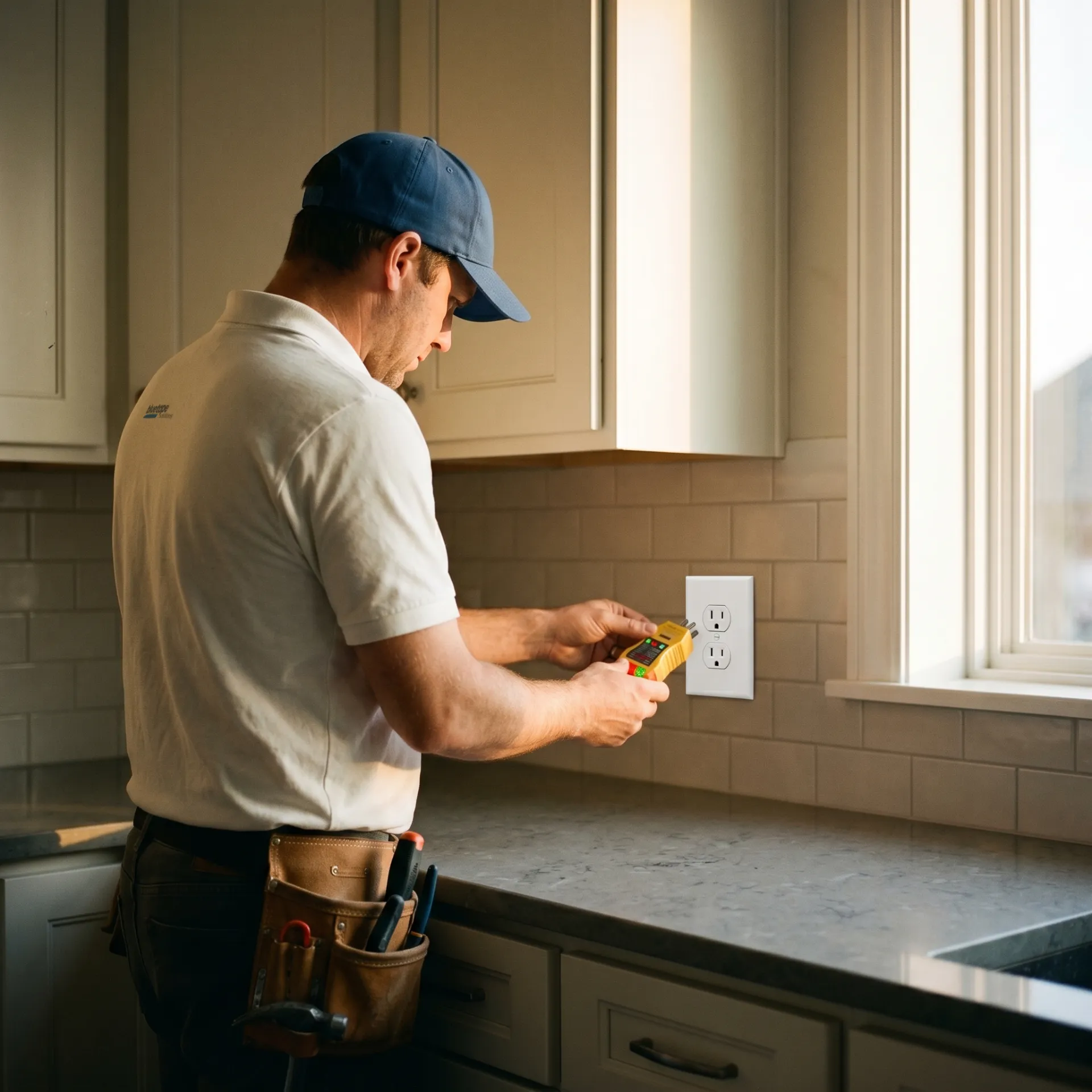 Electrician in a cap testing a kitchen electrical outlet with a voltage tester device.