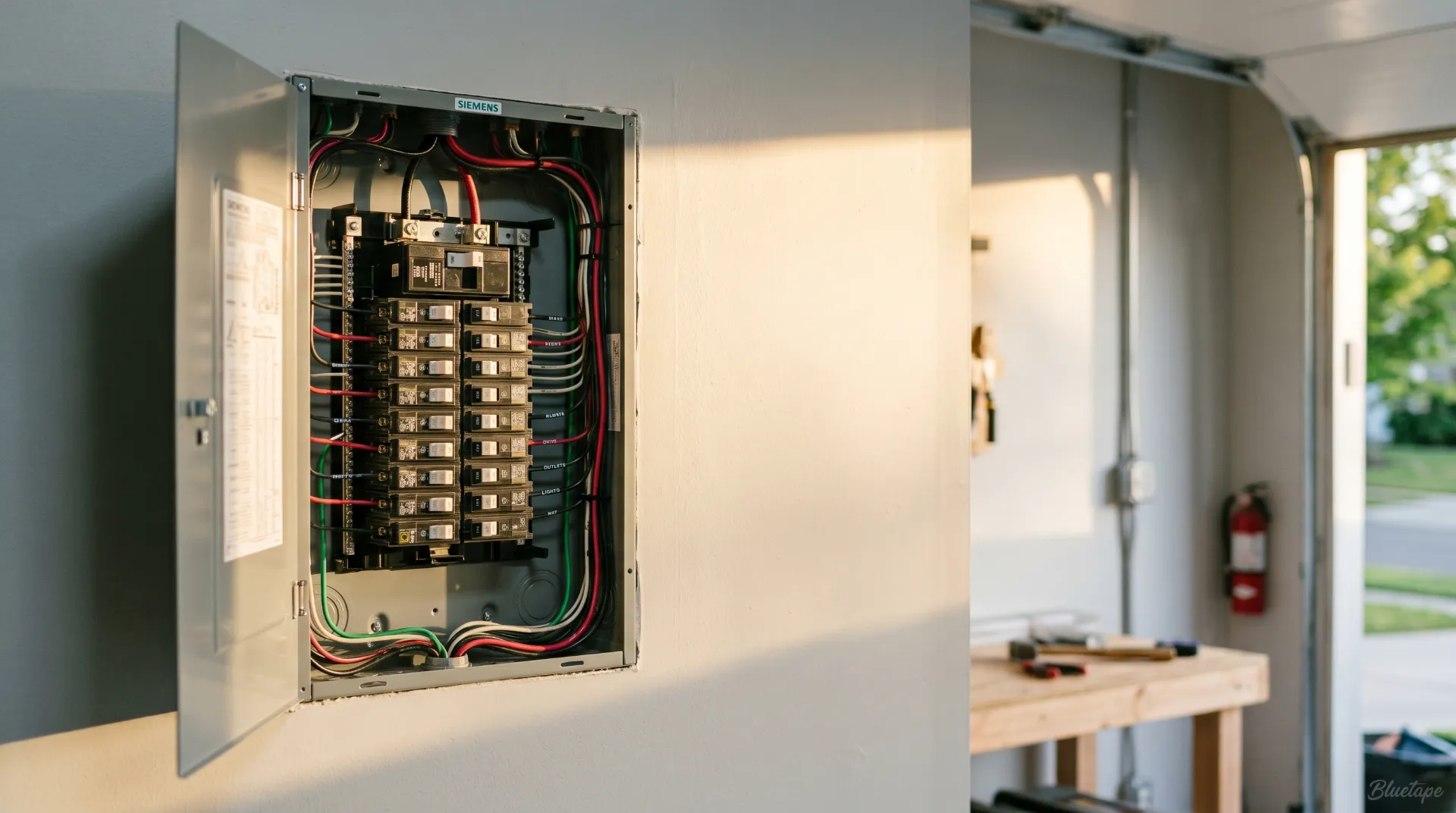 Open Siemens electrical breaker panel installed on a wall with visible circuit breakers and wiring.