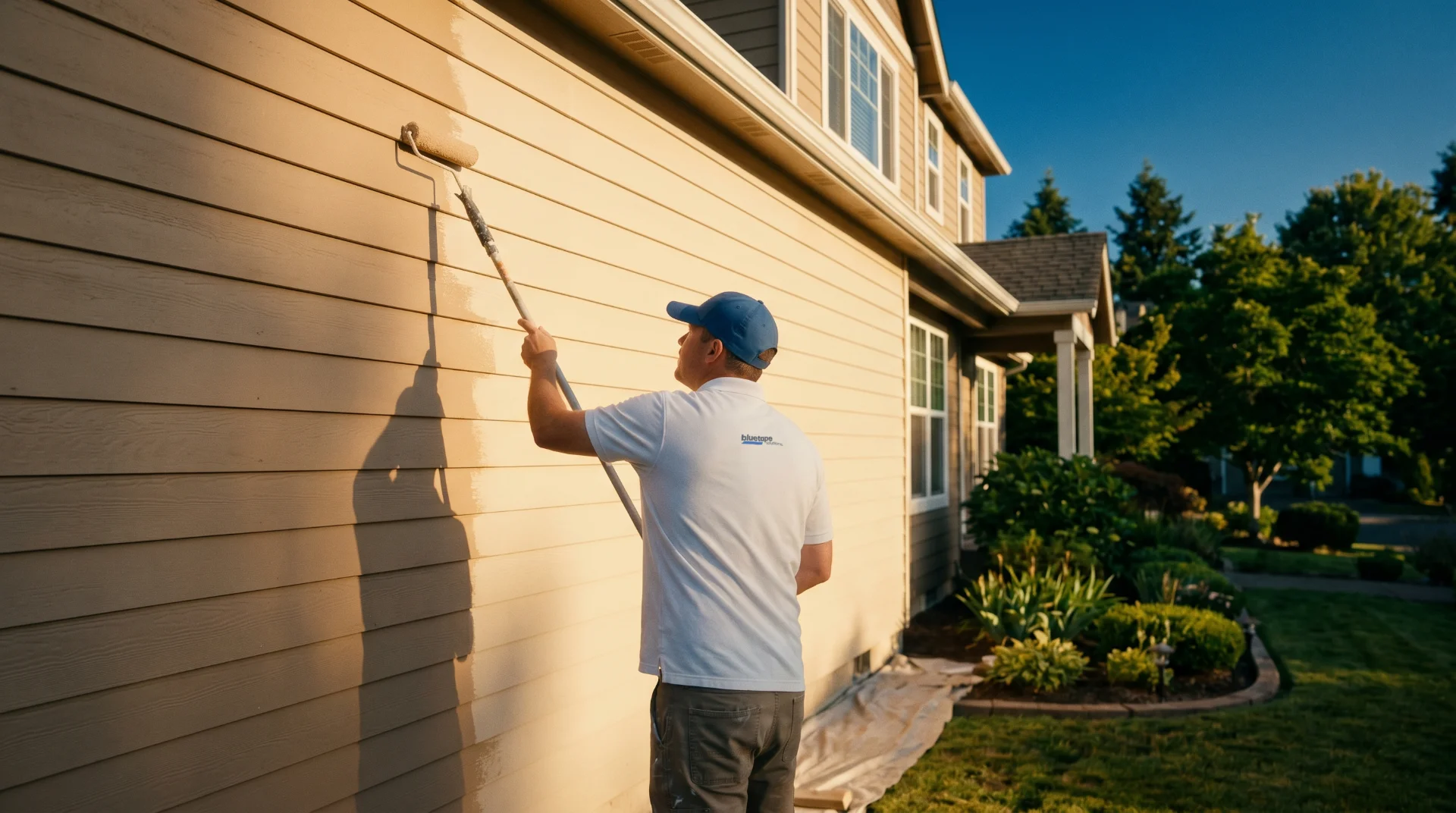 Man wearing a blue cap and white shirt painting a beige house exterior with a roller on a sunny day.