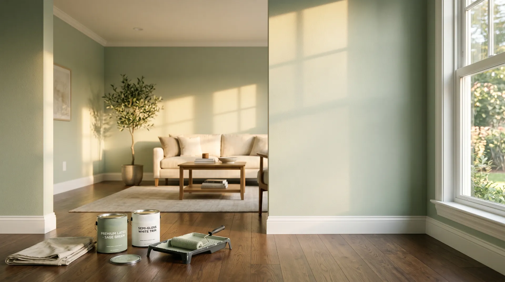 Living room with sage green walls, beige sofa, wooden coffee table, paint cans, and roller on floor.