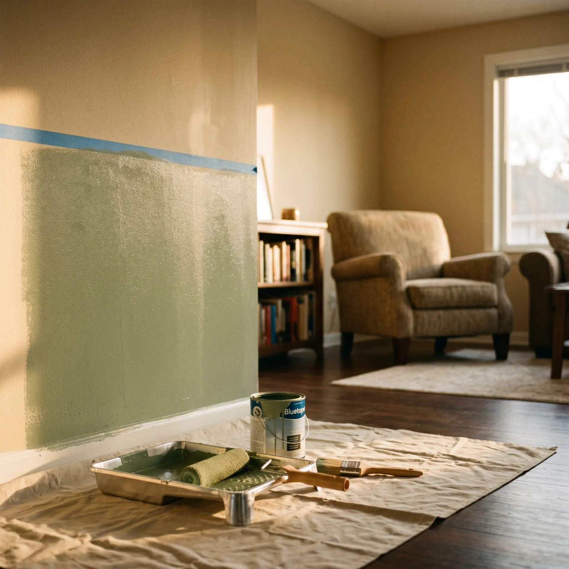Partially painted green wall with paint tray, roller, brush, and can on drop cloth in living room.
