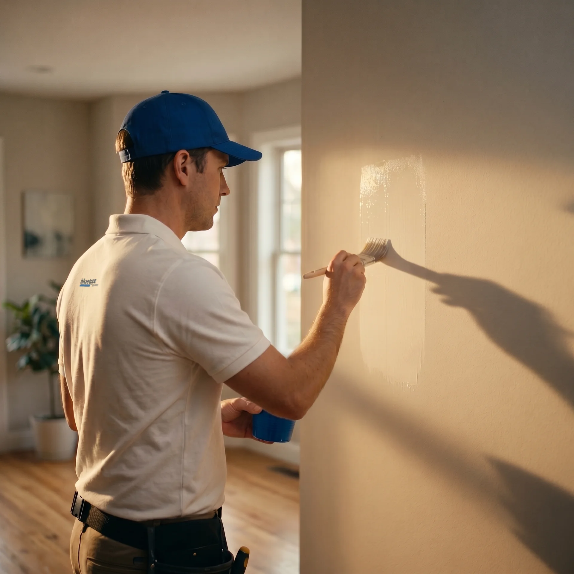 Painter in a blue cap applying white paint patch on beige wall indoors with natural light.
