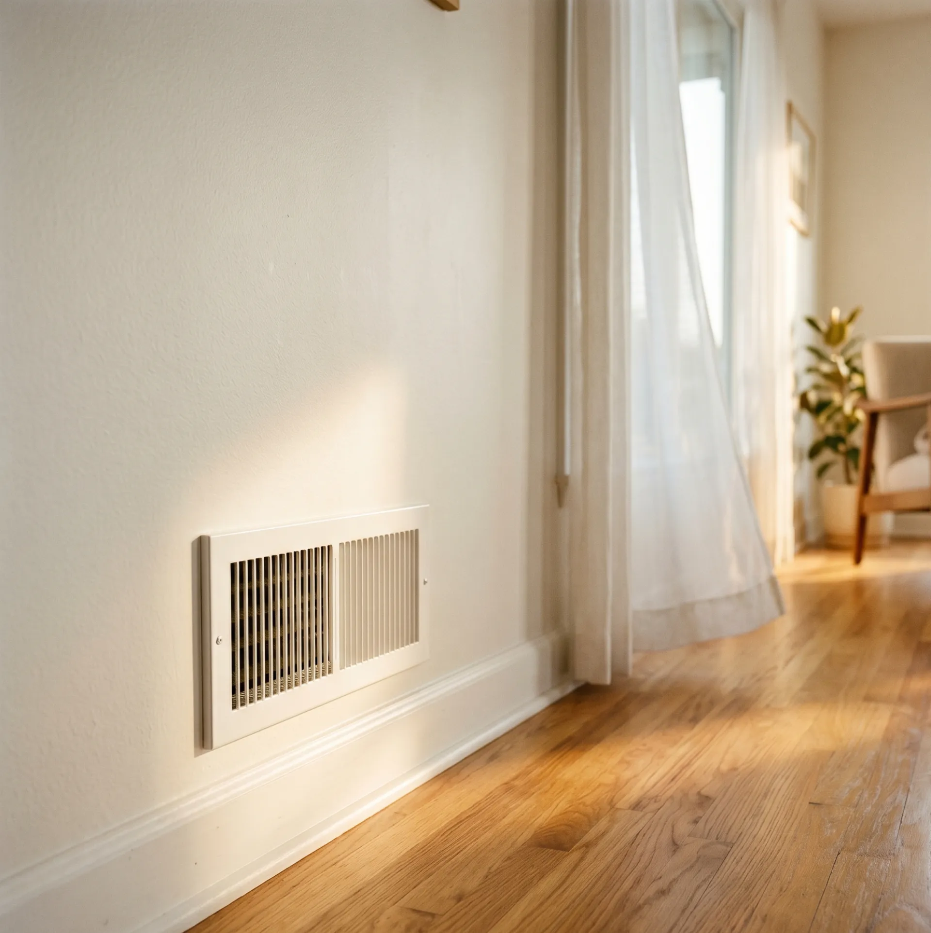 Wall air vent near wooden floor with sheer curtains and a chair in background.