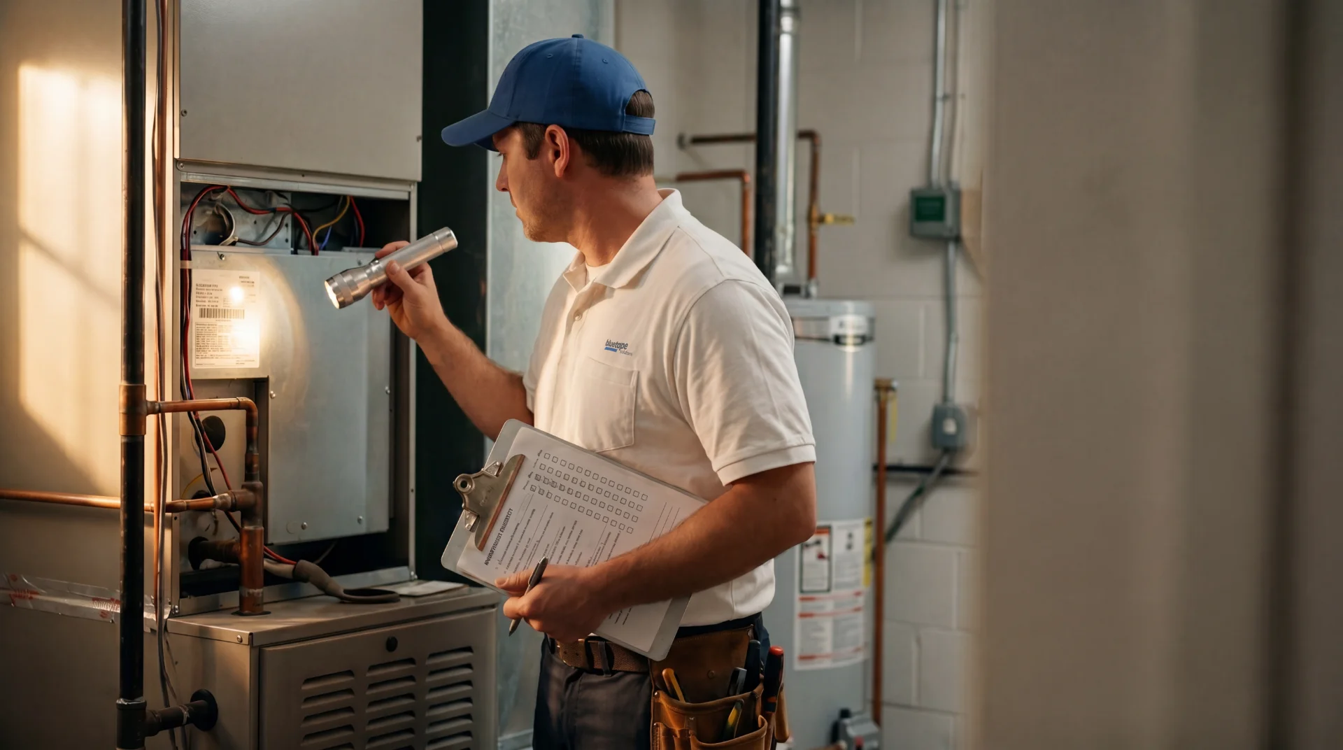 Technician in a blue cap inspects HVAC unit with a flashlight and checklist in a utility room.