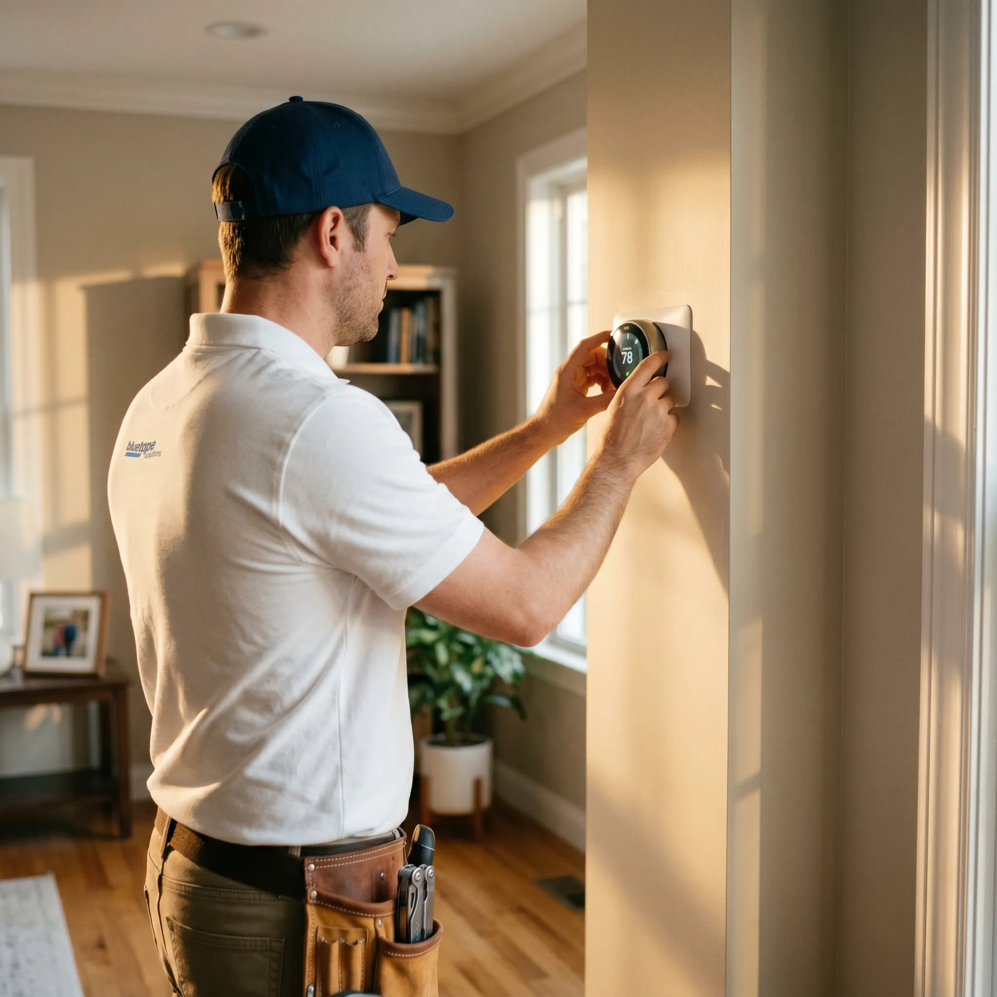 Technician in white shirt adjusts a smart thermostat displaying 78 degrees on a beige wall.