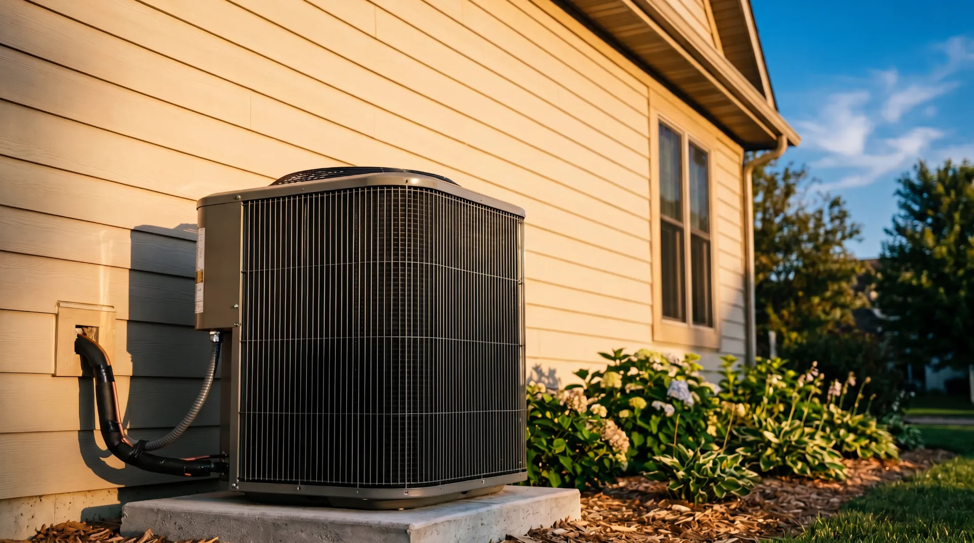 Outdoor air conditioning unit installed on concrete pad beside house with garden and siding.