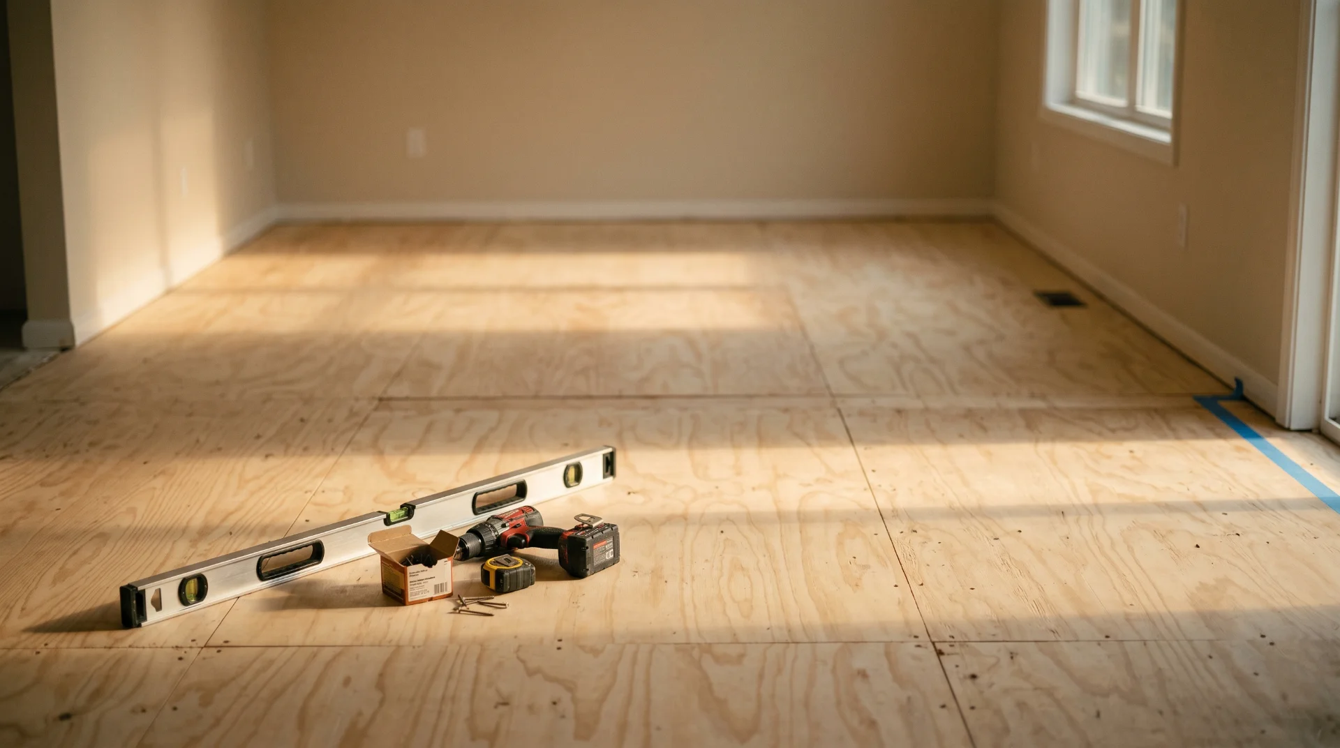 Unfinished wood floor in a room with tools including a level, drill, tape measure, and screws.