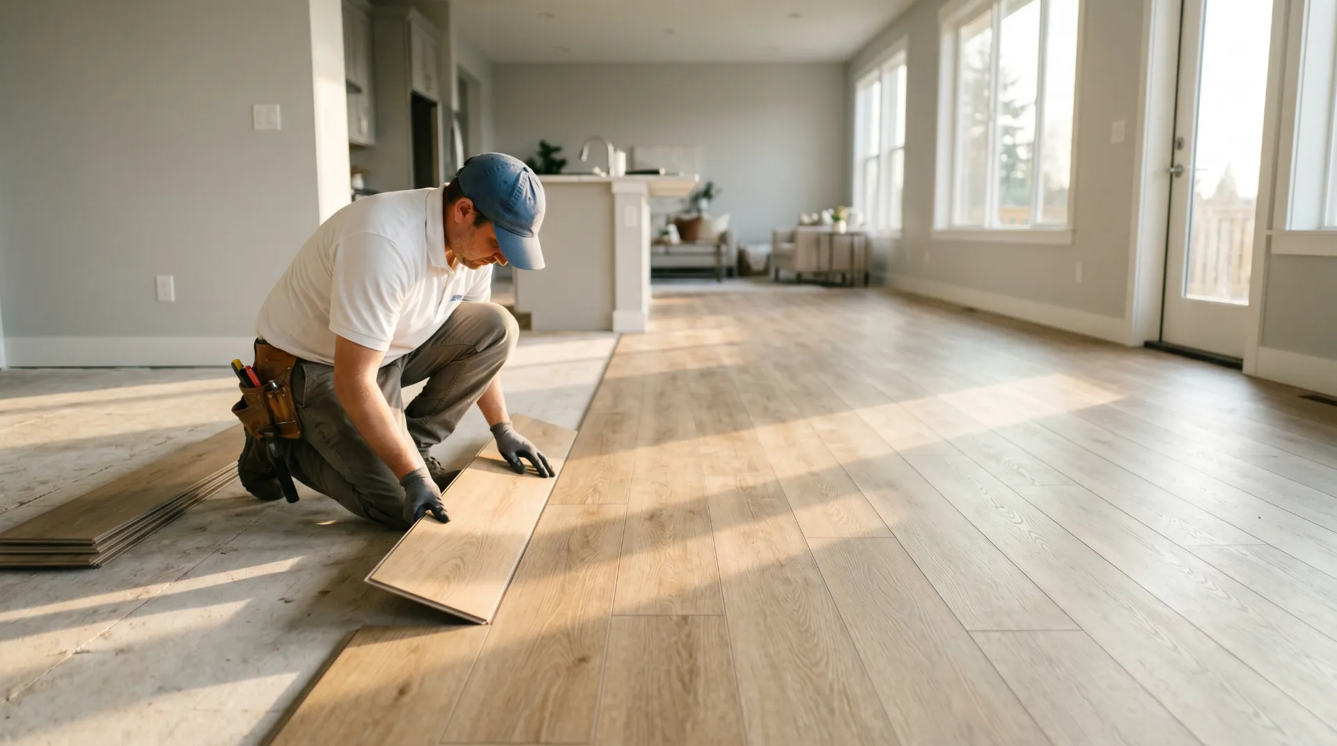 Worker installing light wood laminate flooring in a bright, modern room with large windows.