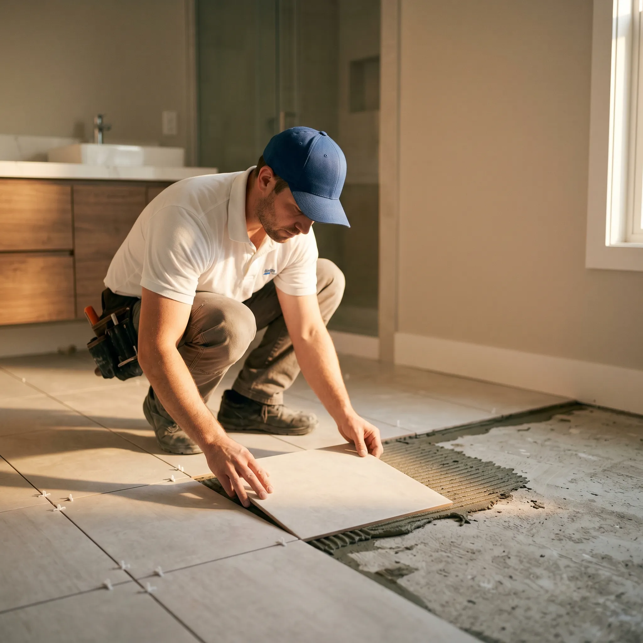 Worker kneeling to lay beige floor tiles on a bathroom floor with tools on belt.
