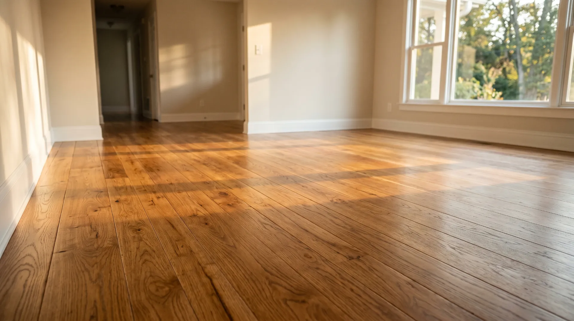 Sunlight reflecting on polished hardwood floor in empty room with beige walls and large windows.