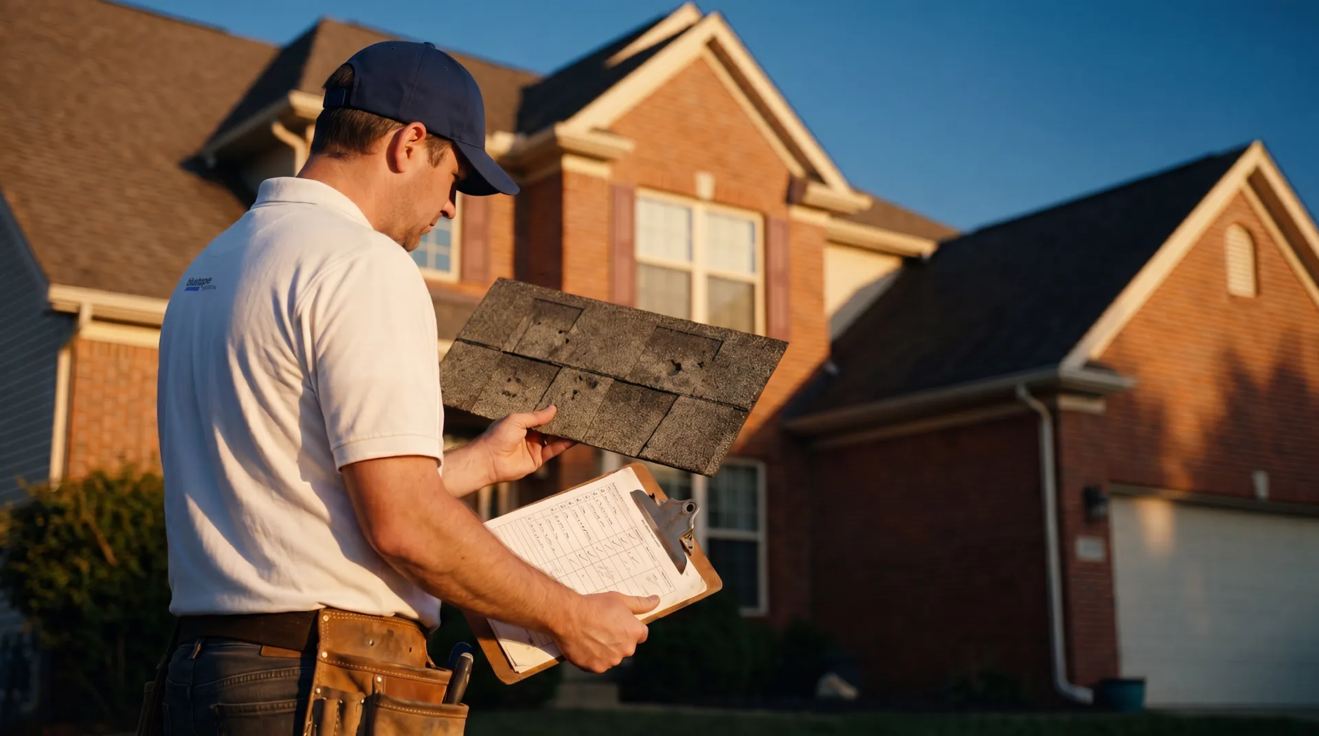 Roofer inspecting a damaged shingle while holding a checklist outside a brick house at sunset.