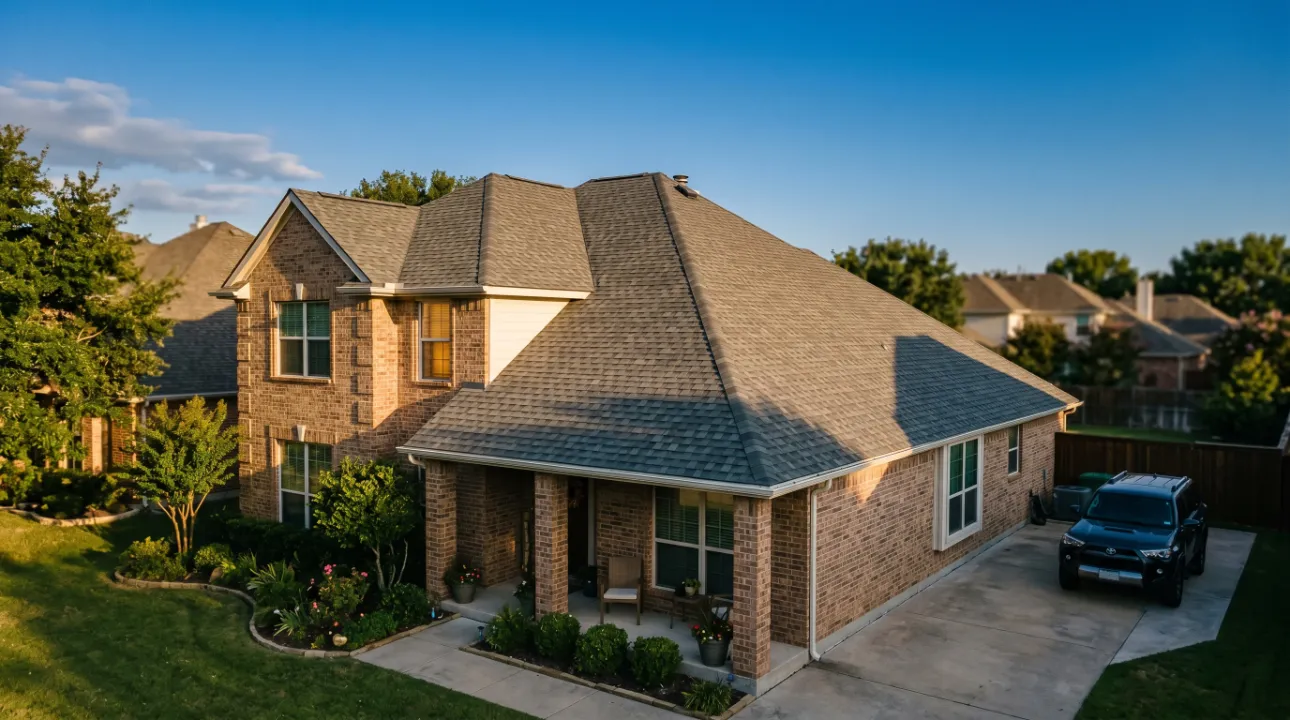 Two-story brick house with a gray roof, front porch, garden, and black SUV parked in driveway.