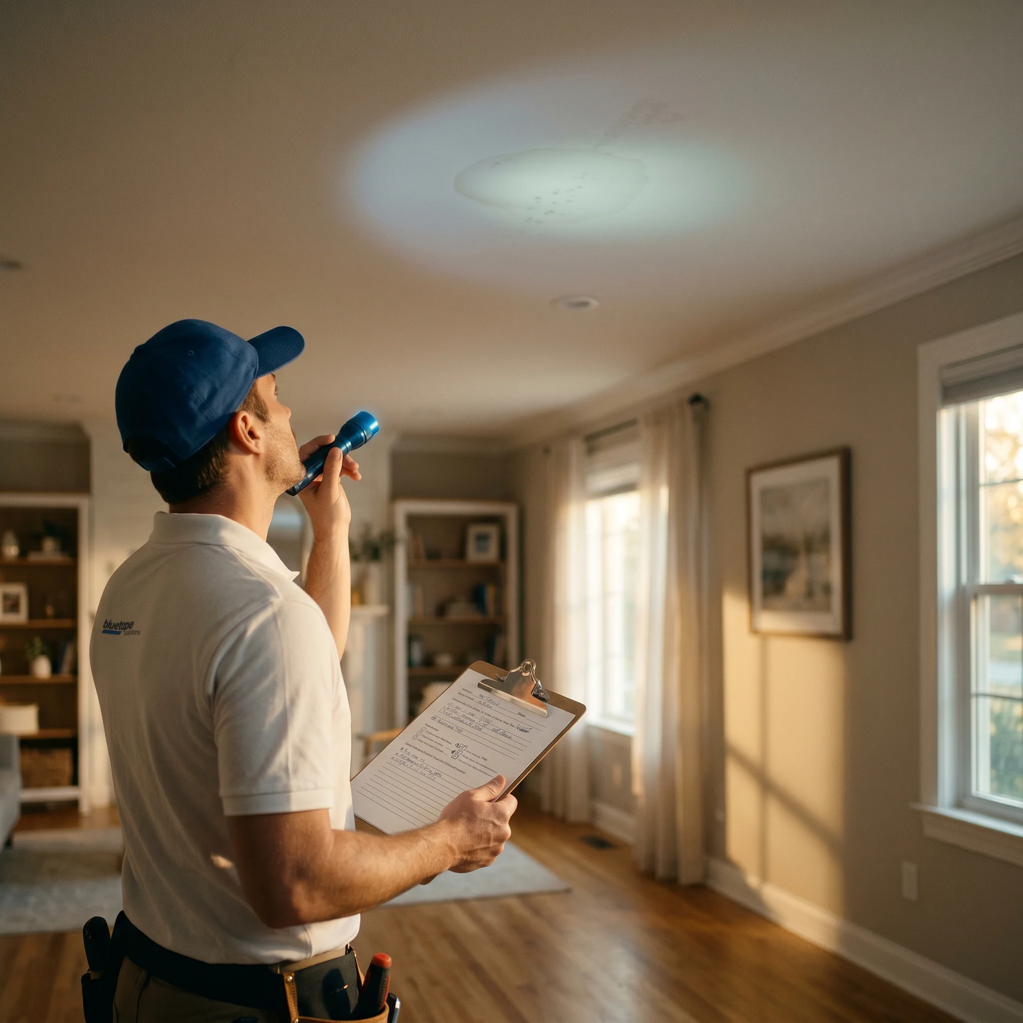 Technician inspecting ceiling with flashlight and clipboard inside a sunlit living room.