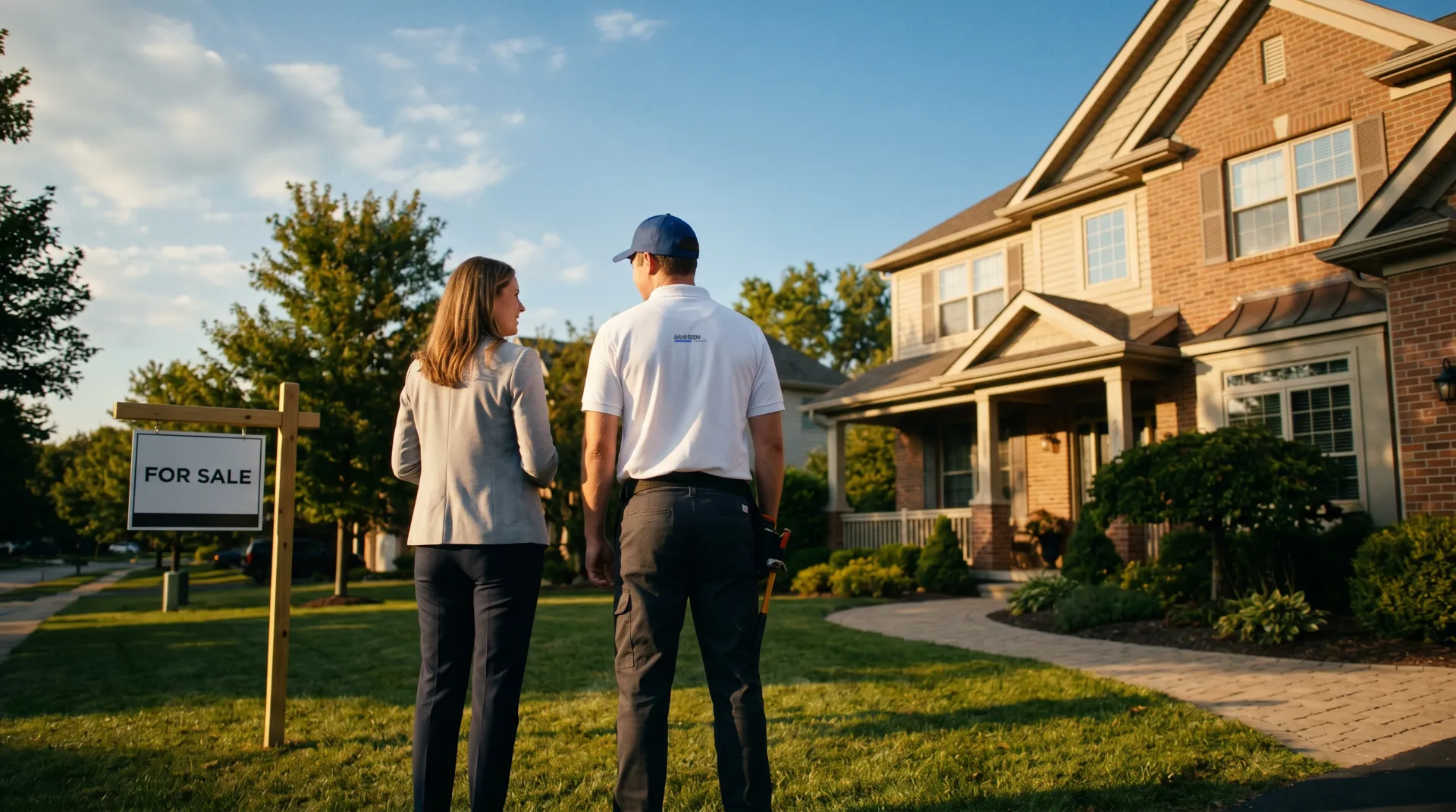 Man and woman standing on lawn near a house with a For Sale sign in a sunny neighborhood.