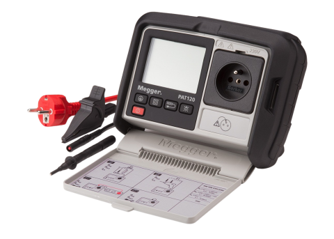 Fluke 6500-2 appliance tester with screen, buttons, a keyboard, and various test sockets.